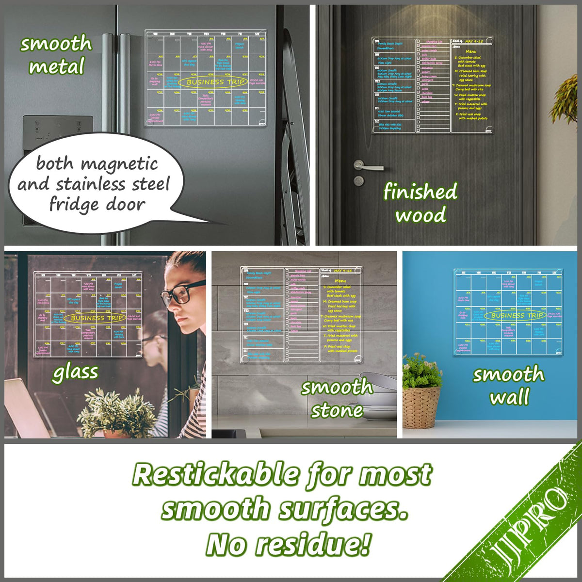 JJPRO Non-Magnetic Dry Erase Calendar for Fridge, Monthly Calendar, Weekly Planning Board Bundle for All Smooth Surfaces. Clear Reusable Calendar Stick to Fridge,Cabinet,Door&Glass