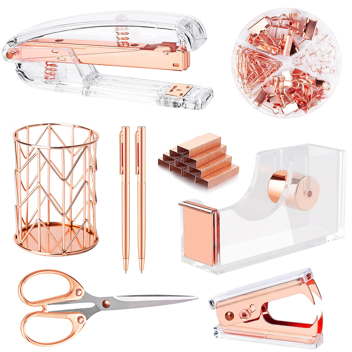 Famassi Rose Gold Desk Accessories，Office Supplies Set Acrylic Stapler Set Staple Remover, Tape Holder, 2 Ballpoint Pen, Scissor, Binder/Paper Clips and 1000pcs Staples.