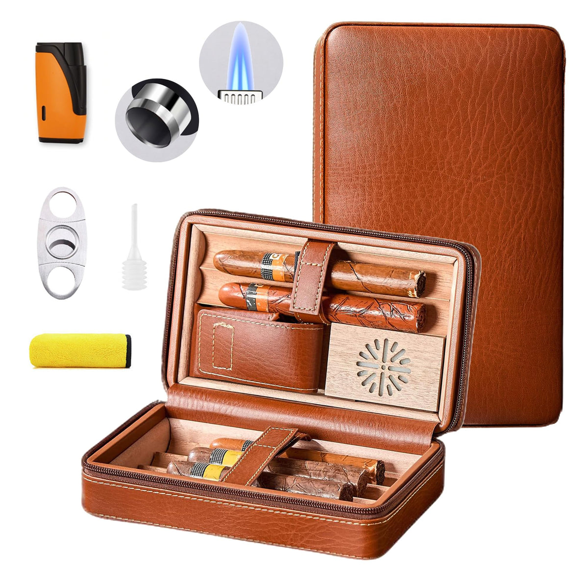 WANTHER Leather Cigar Case, Travel Humidor Holds 6 Cigars, Brown Cedar Wood Box with Cigar Cutter, Humidifier, Lighter & Towel, Portable Cigar Holder for Men, Office & Travel Gift Set, Ideal for Home