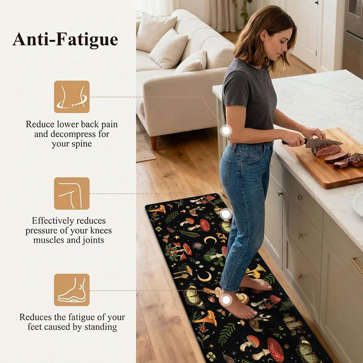 Zussun Mushroom Rug Kitchen Mats for Floor Cushioned Anti Fatigue Kitchen Rugs Sets of 2, Non Slip Waterproof Black Kitchen Floor Mat, Comfort Memory Foam Standing Mat for Office Laundry Sink Desk