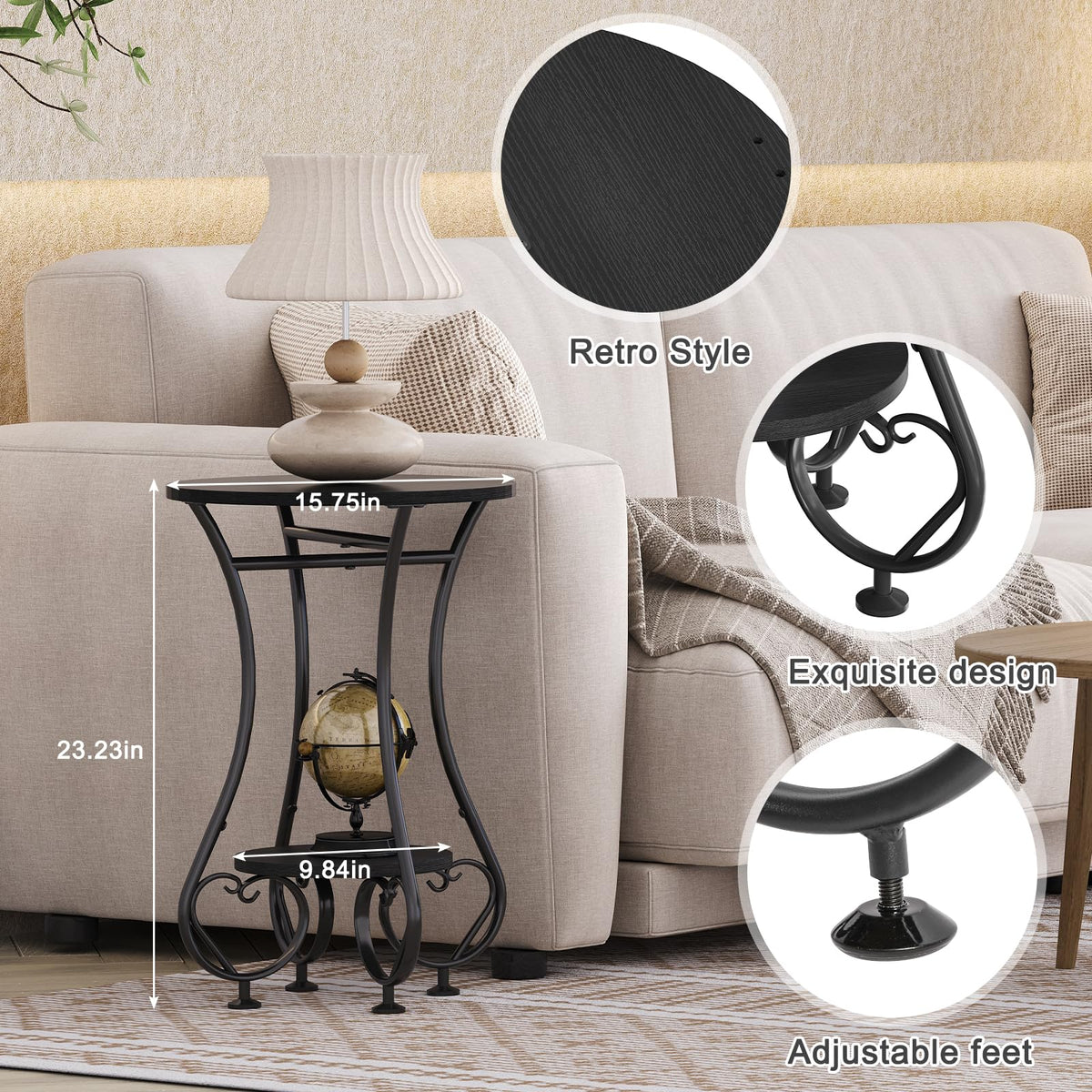 X-cosrack Small Round Side Table,Round End Table for Small Spaces - Black Metal Nightstand with Adjustable Feet,Couch Sofa Coffee Table,Retro Accent Table for Living Room Bedroom Balcony