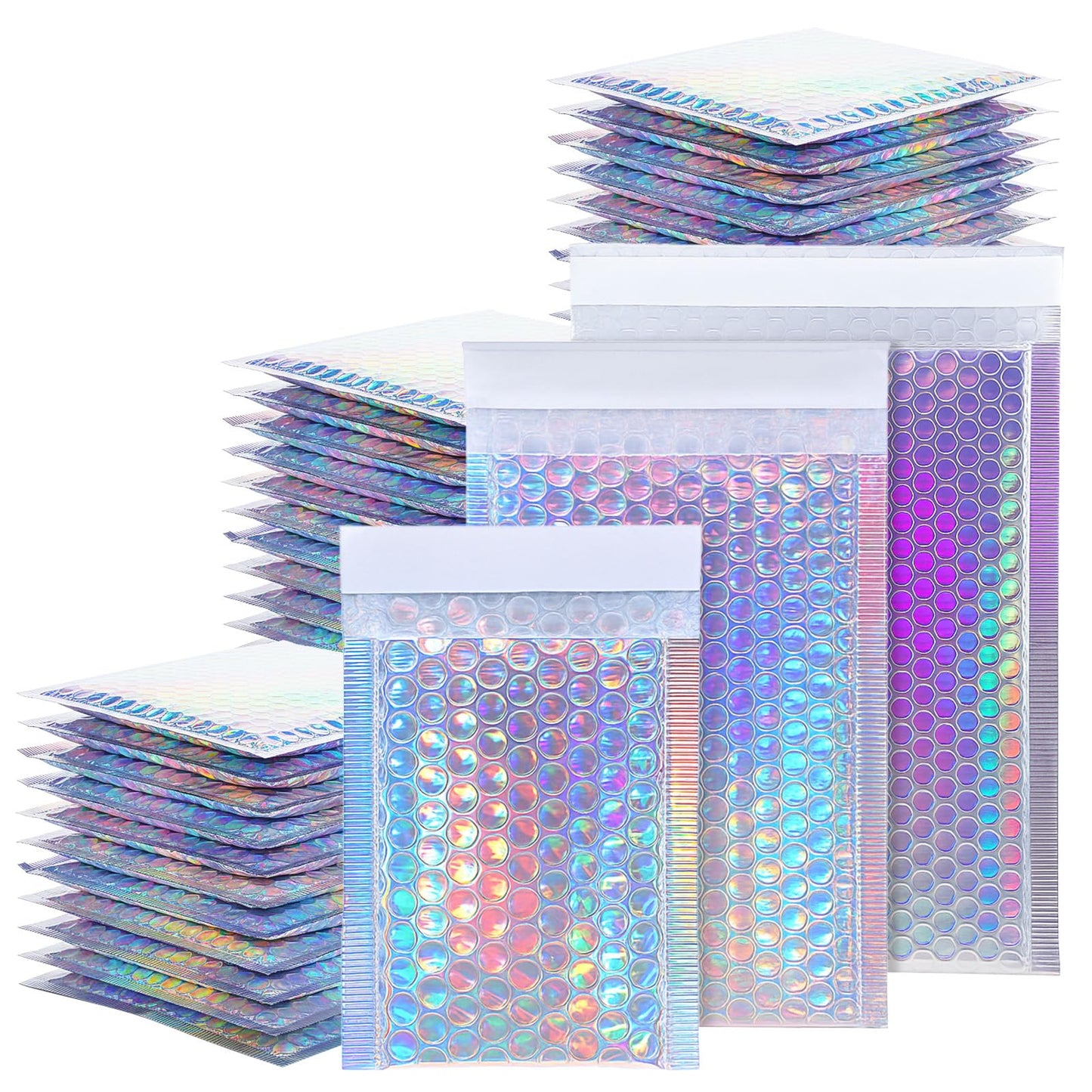 50 Pack Bubble Mailers, Holographic Bubble Mailers with 3 Sizes, Waterproof Self Seal Adhesive Foil Glitter Glamour Shipping Bags for Mailing, Packing, Small Business, Jewelry Makeup Supplies