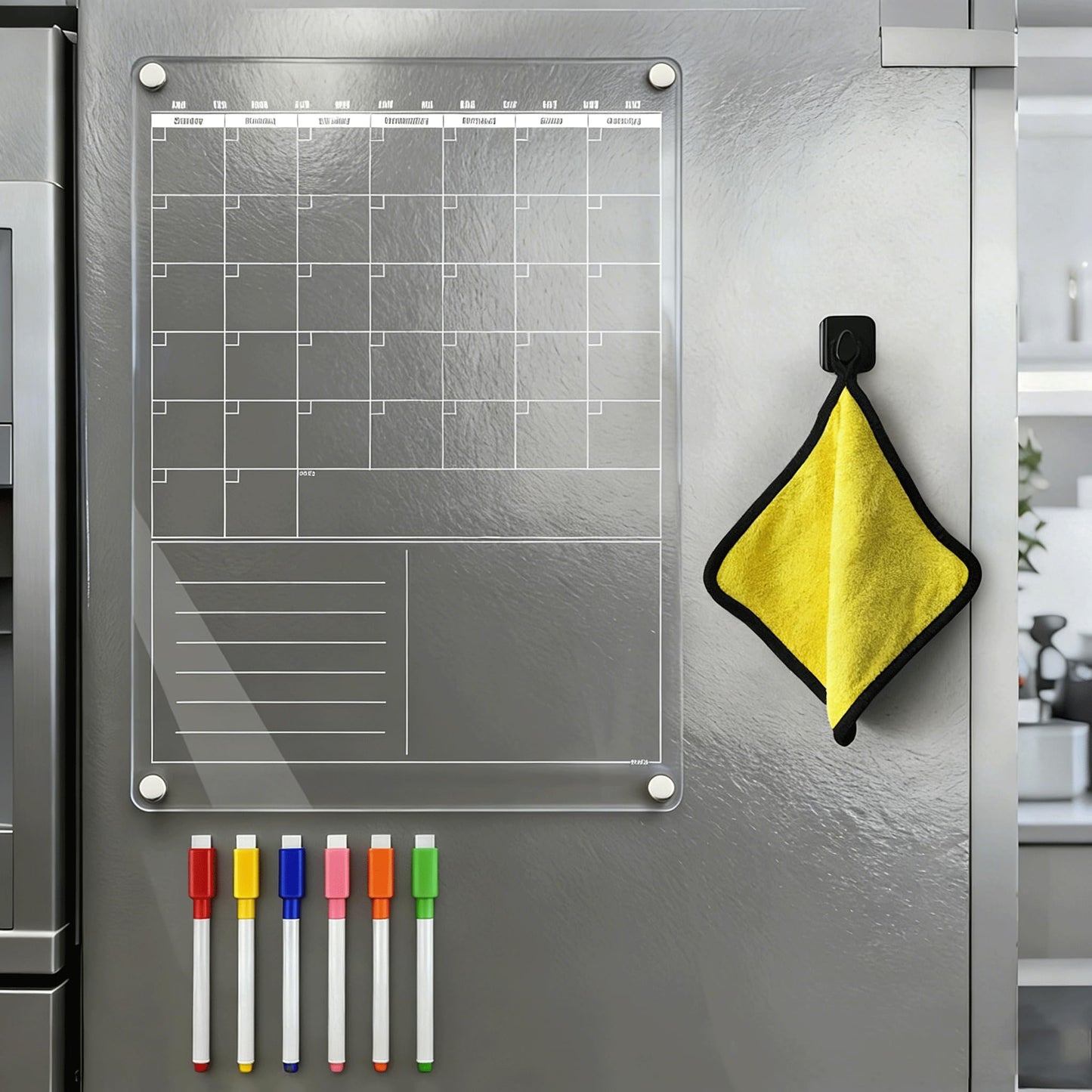 Acrylic Magnetic Dry Erase Calendar for Fridge Clear Vertical Monthly Whiteboard Planner Erasable Planning Board White 16" x 12" w/ 6 Color Wet Erase Marker