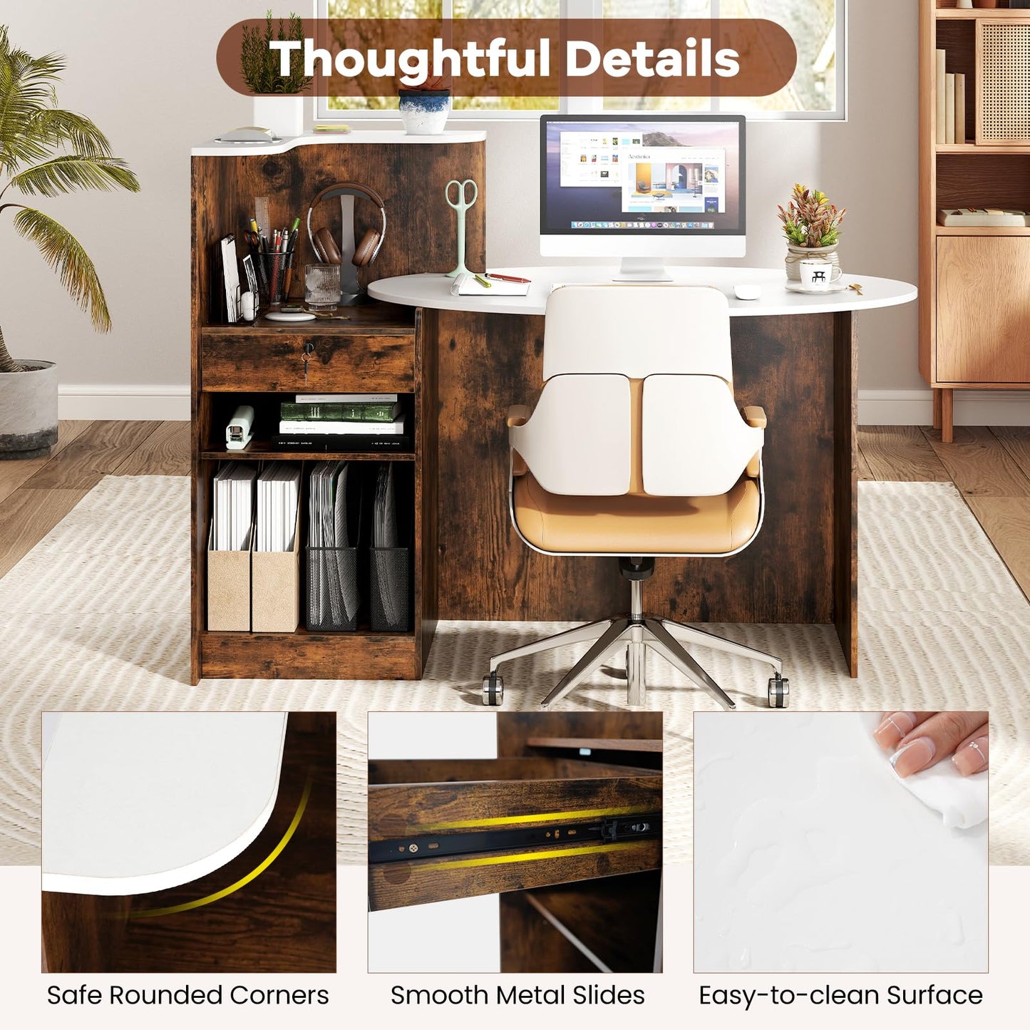 Giantex Reception Desk, Front Counter Desk with Lockable Drawer, Oval Tabletop & Adjustable Shelf, Retail Register Stand, Checkout Table for Office Beauty Salon Reception Room (White & Rustic Brown)