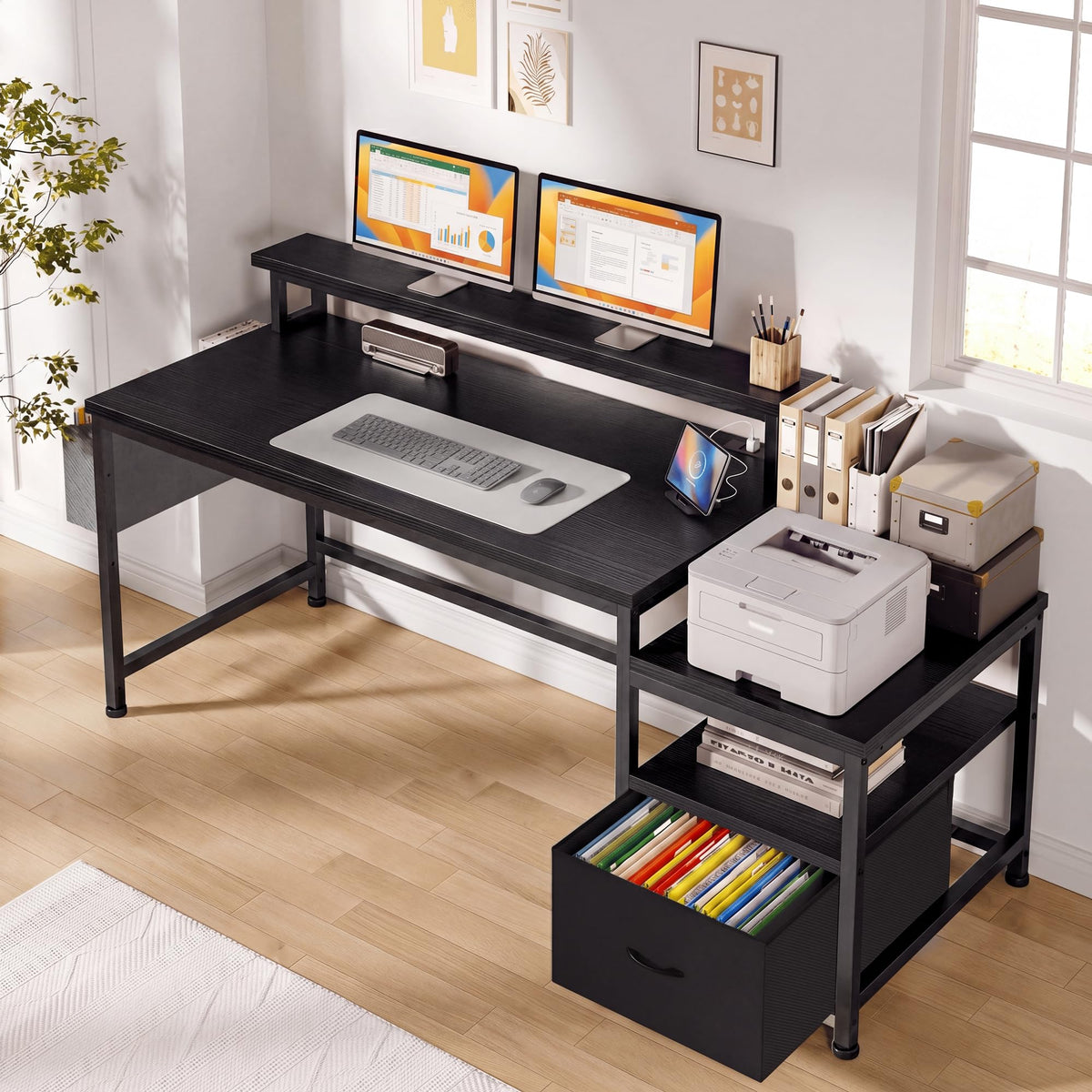 EnHomee 56.5" Black Computer Desk with File Drawers and Printer Space,Office Desk with Power Outlets and Monitor Stand,Gaming Desk,Study Desk, Writing Desk, Bedroom Desk