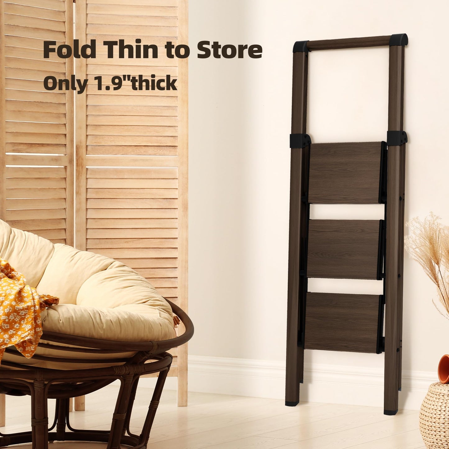 HillhutApex 3 Step Foldable Aluminum Step Ladder with Handgrip, Anti-Slip Pedal, 330lbs Capacity, Lightweight & Portable for Home, Kitchen, Office, Garage (Walnut)