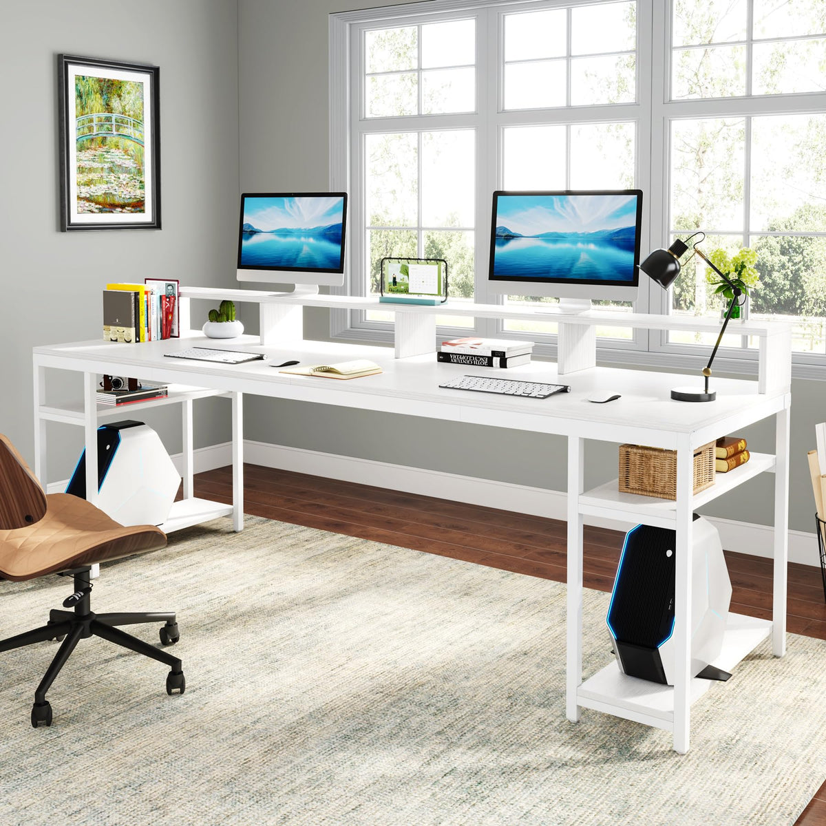 Tribesigns Two Person Desk with Monitor Stand, 78.74" Long Double Computer Office Desk with Storage Shelves, Large Gaming Desk Study Writing Table Workstation for Home Office (White)