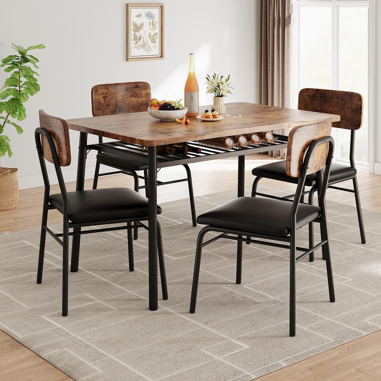 IDEALHOUSE Dining Table Set for 4 with Storage Rack, 5-Piece Kitchen Table and Upholstered Chairs of 4, Wood Tabletop & Heavy-Duty Metel Frame, Dining Room Set for Small Space, Apartment, Brown