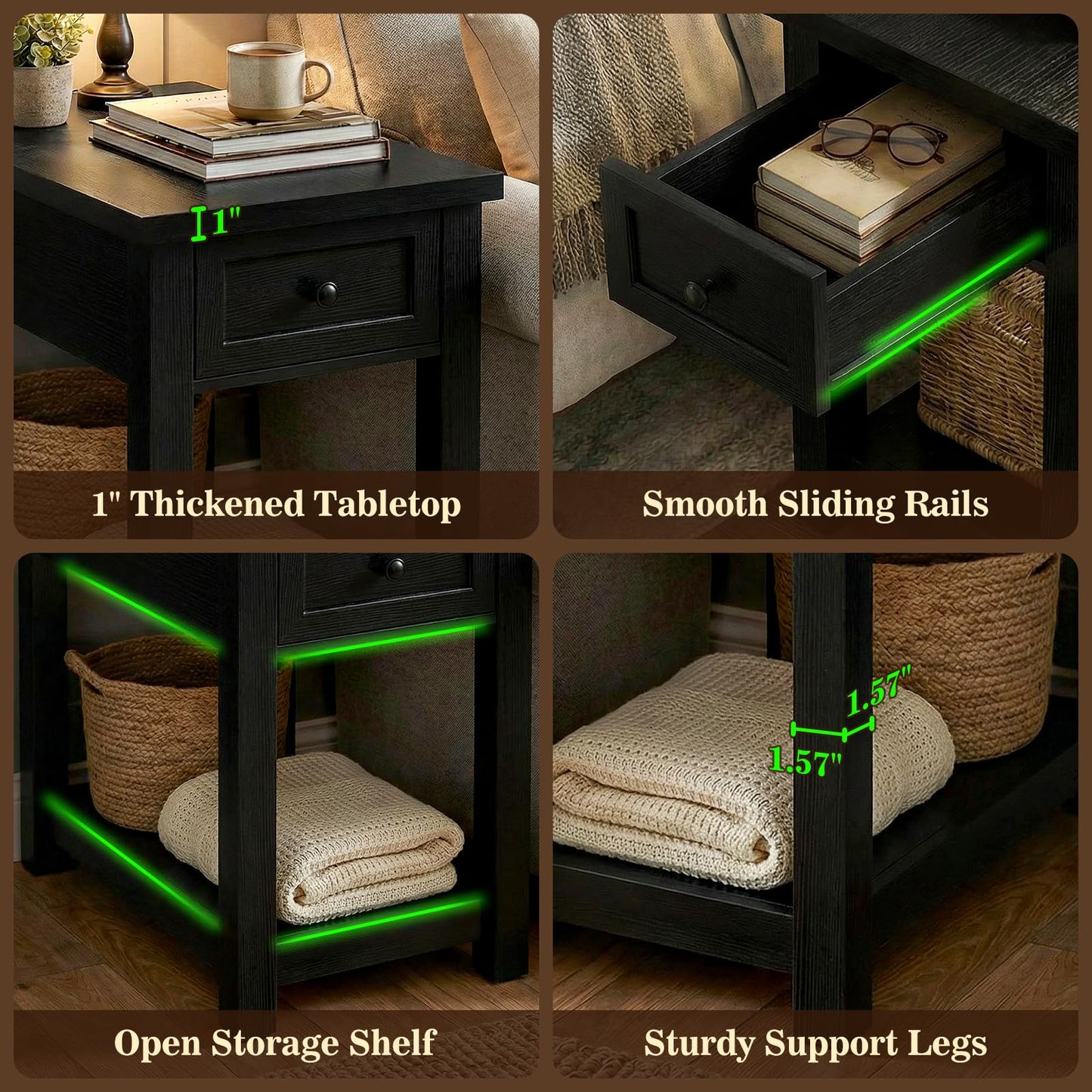 Armocity Narrow End Table with Charging Station - Farmhouse Side Table with Drawer, 14" Wide Wood Nightstand Slim Couch Bedside Table for Living Room Bedroom Small Spaces, Black