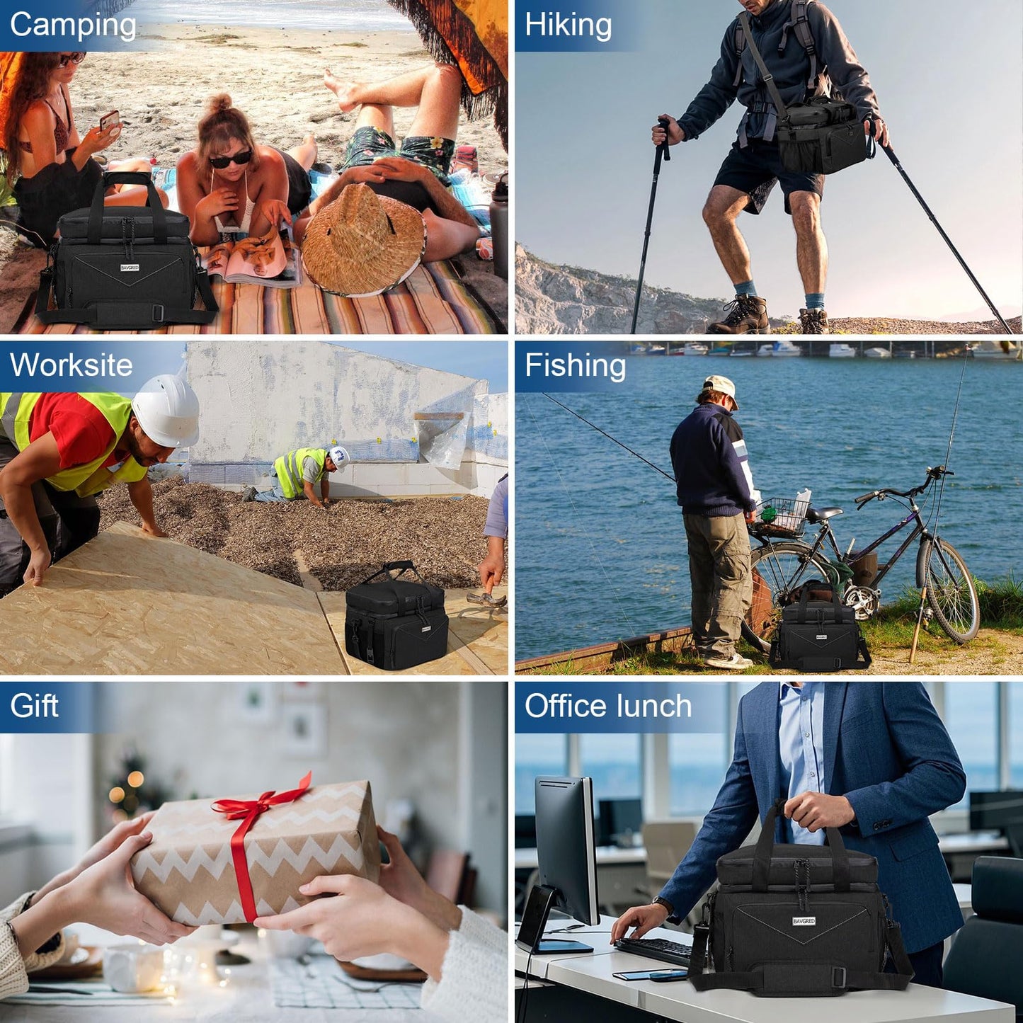 BAVGRED Insulated Lunch Box for Adults, 24 Cans Large Cooler Bag with Double Deck, Leakproof Waterproof Lunch Bag with Adjustable Strap for Work Office Picnic Beach