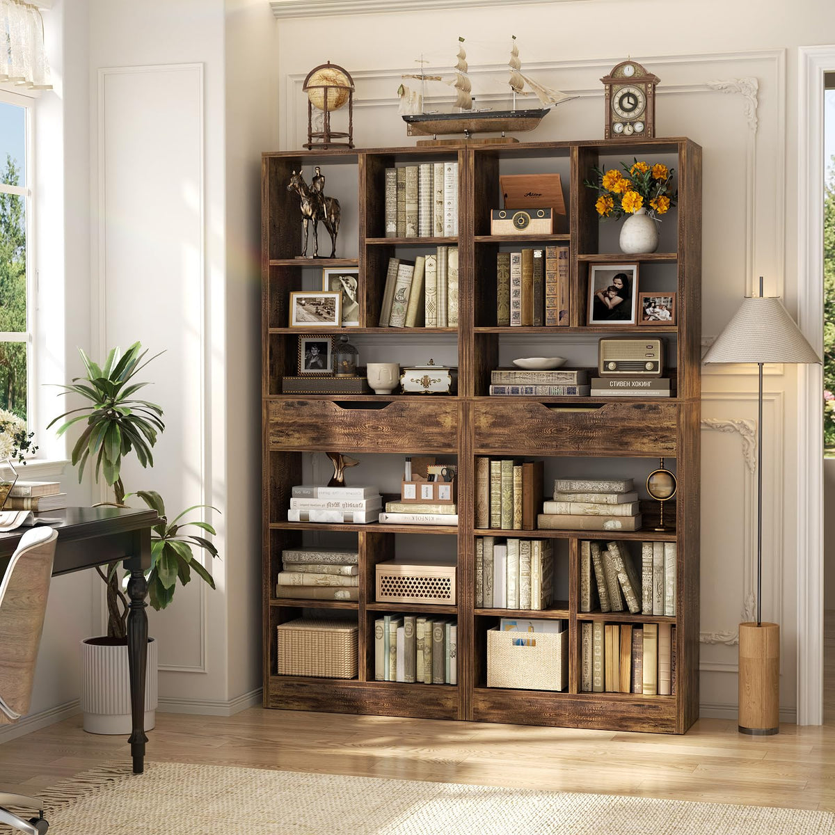 Armocity 8-Tier Tall Bookshelf with Drawer, 73.6" Narrow Freestanding Bookcase, Space-Saving Wood Display Shelves Storage for Living Room, Home Office Bedroom, Rustic Brown