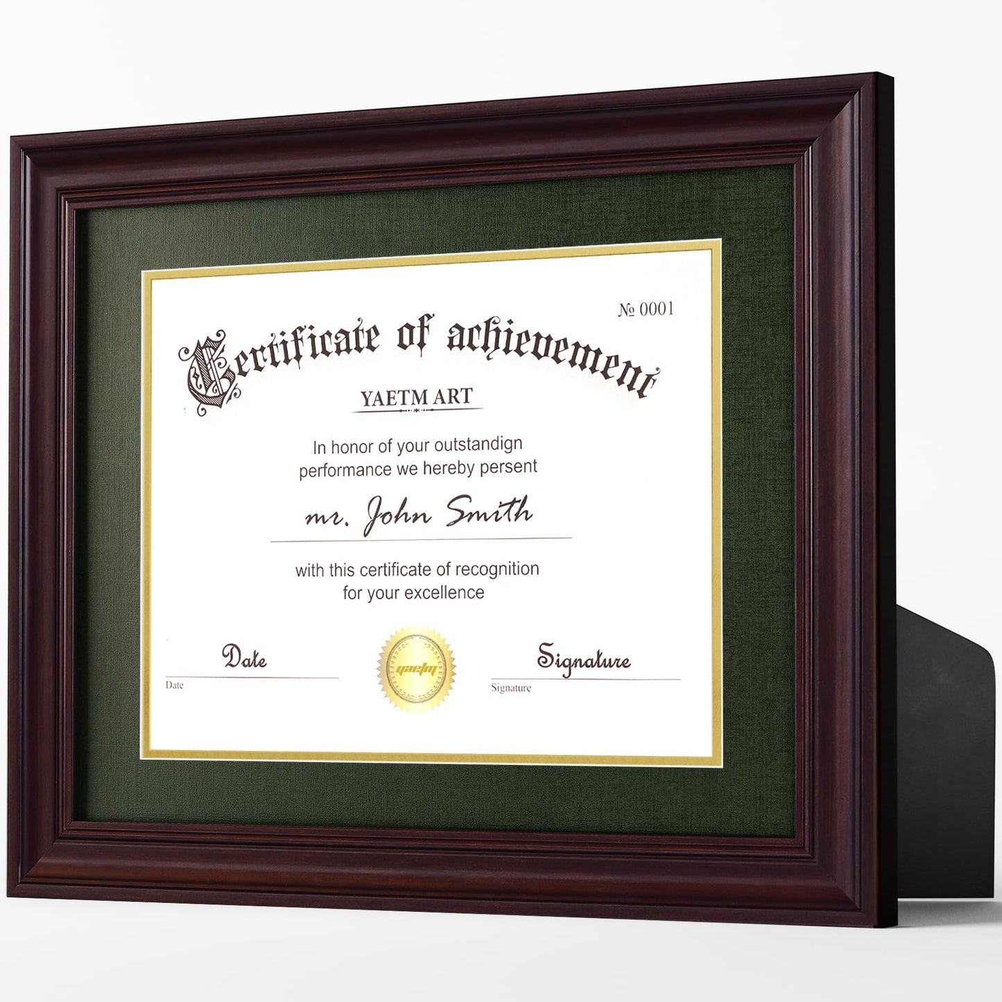 Yaetm 11x14 Diploma Frame, Certificate Frame with Tempered Glass, Display 8.5x11 Document with Dark Green Over Gold Acid-free Mat or 11 x 14 without Mat, Wide Molding (Single, Brown/Green)