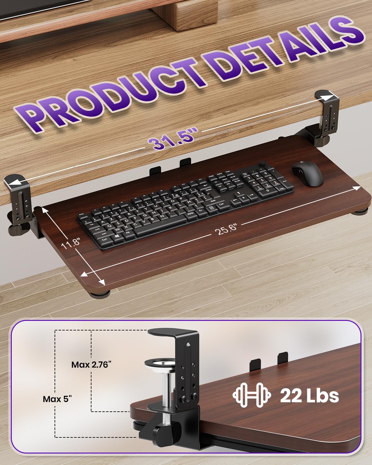 Zontera Ergonomic Keyboard Tray Under Desk, Pull Out with Adjustable C-clamp, 25.6 (31.5 Including Clamps) x 11.8 Inch Slide Out Computer Keyboard Drawer Mouse Tray for Typing, Large & Walnut