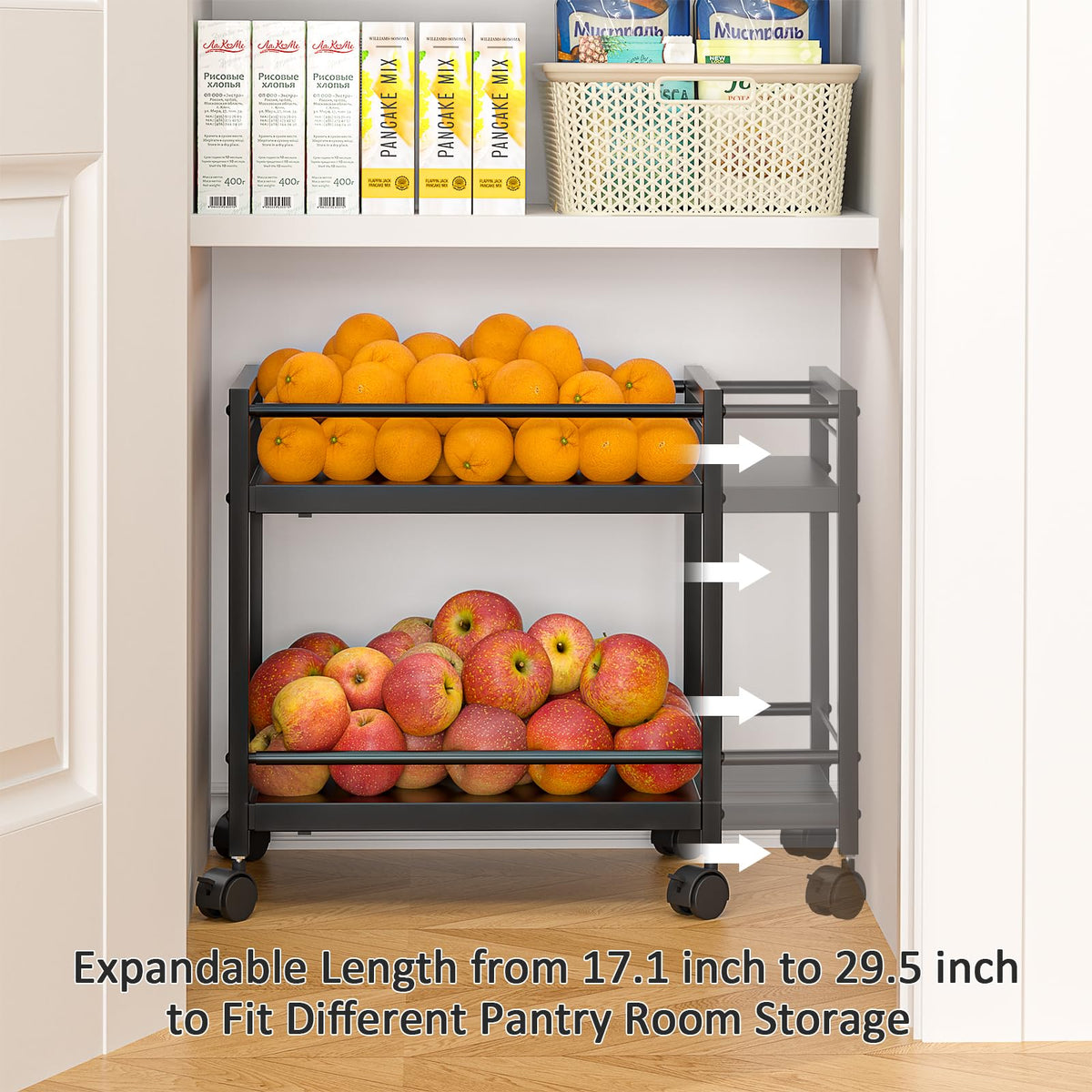 1 Pack 2-Tier Expandable Pantry Floor Organizer Cart, Rolling Pantry Storage Cart with Wheel, Adjustable Can Organizer for Kitchen Pantry, Pantry Shelves and Storage Rack for Snacks, Vegetables, Black