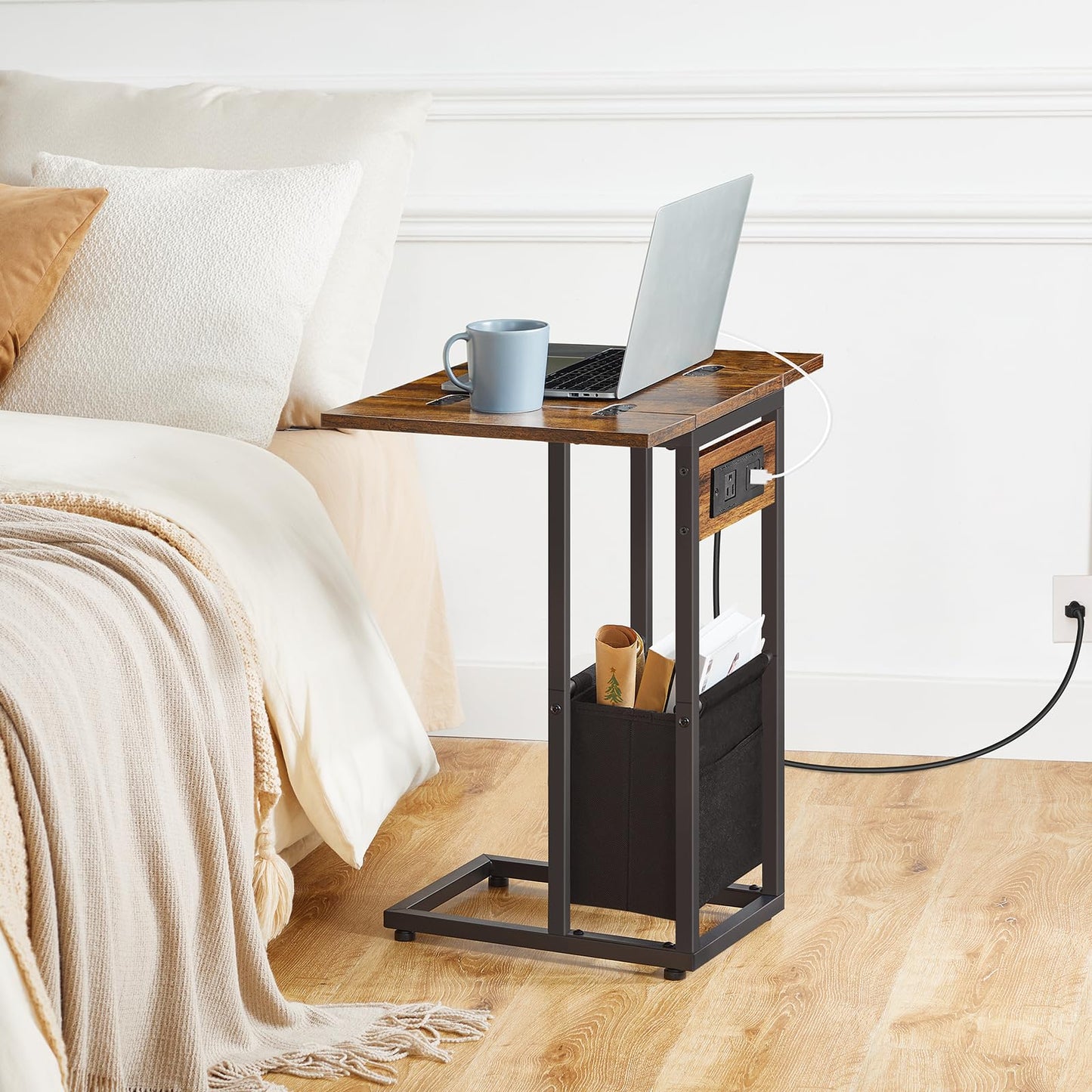 HOOBRO C Shaped Side Table with Charging Station, Foldable End Table with Fabric Bag, Sofa Couch Tray Table for Small Space in Living Room, Bedroom, Rustic Brown and Black BF30USF01