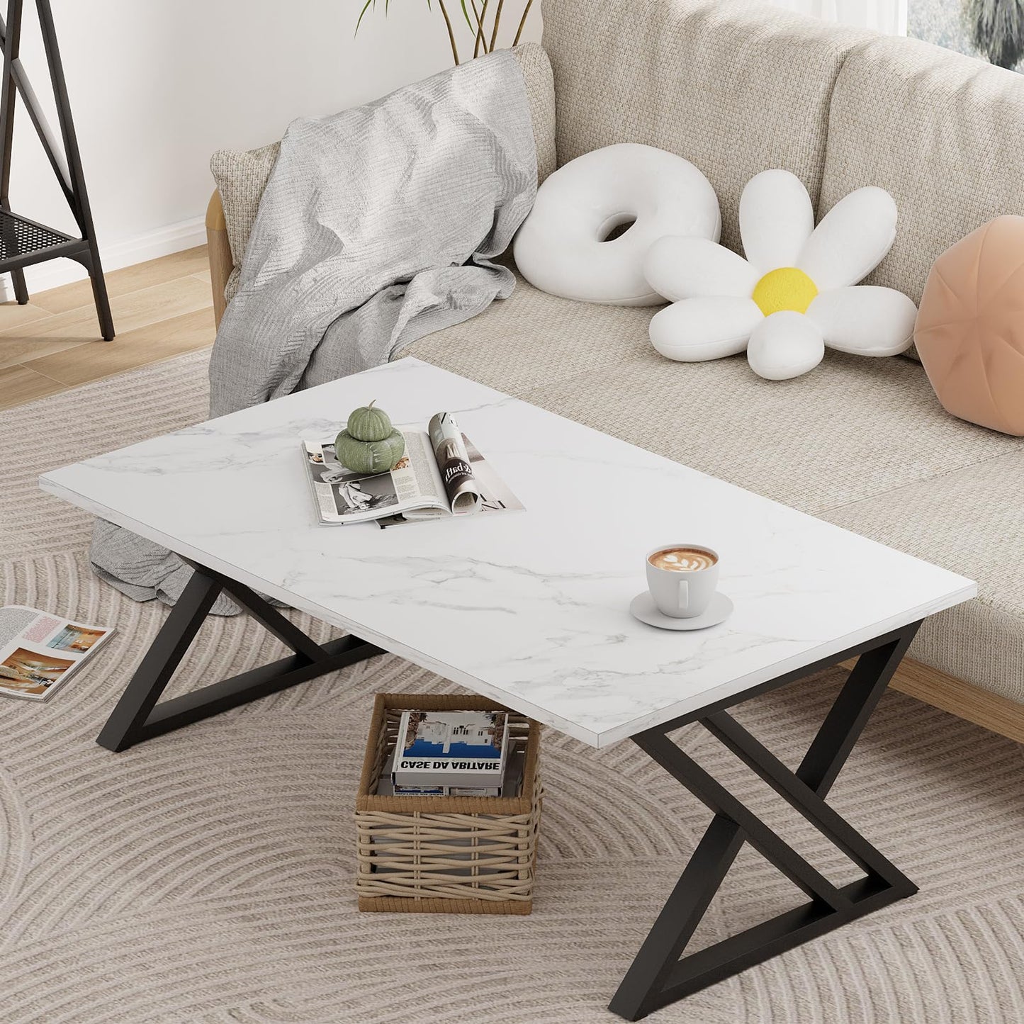 Wolawu Coffee Table White Living Room Center Table, Simple Modern Faux Marble Rectangular Tea Table with Sturdy Black Metal Frame,Industrial Wooden Coffee Table for Bedroom Home Office
