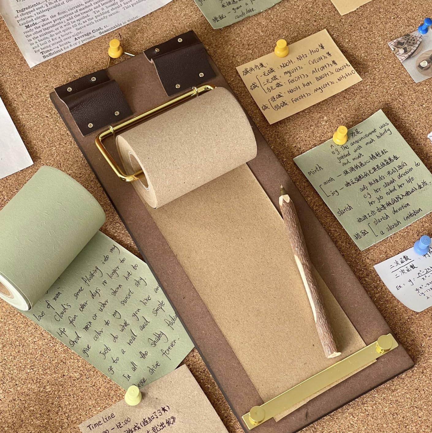 Rustic Hanging Memo Board with 1 Khaki Gray Paper Roll – Vintage Wall Mounted Clipboard Notepad, Tear-Off Writing Pad for Notes, Menu Display, Café, Restaurant, Home and Office