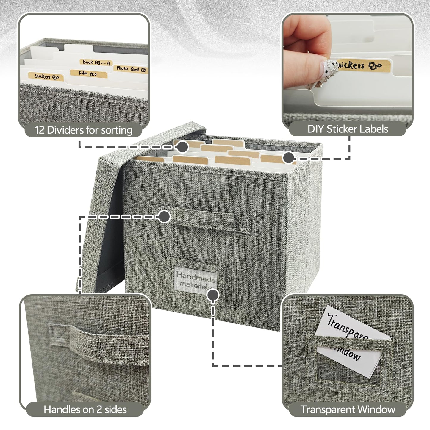 Craftask Gray Greeting Card Organizer Box with Dividers and Adhesive Labels, Greeting Card Storage Box for Photos, Envelopes and Postcards