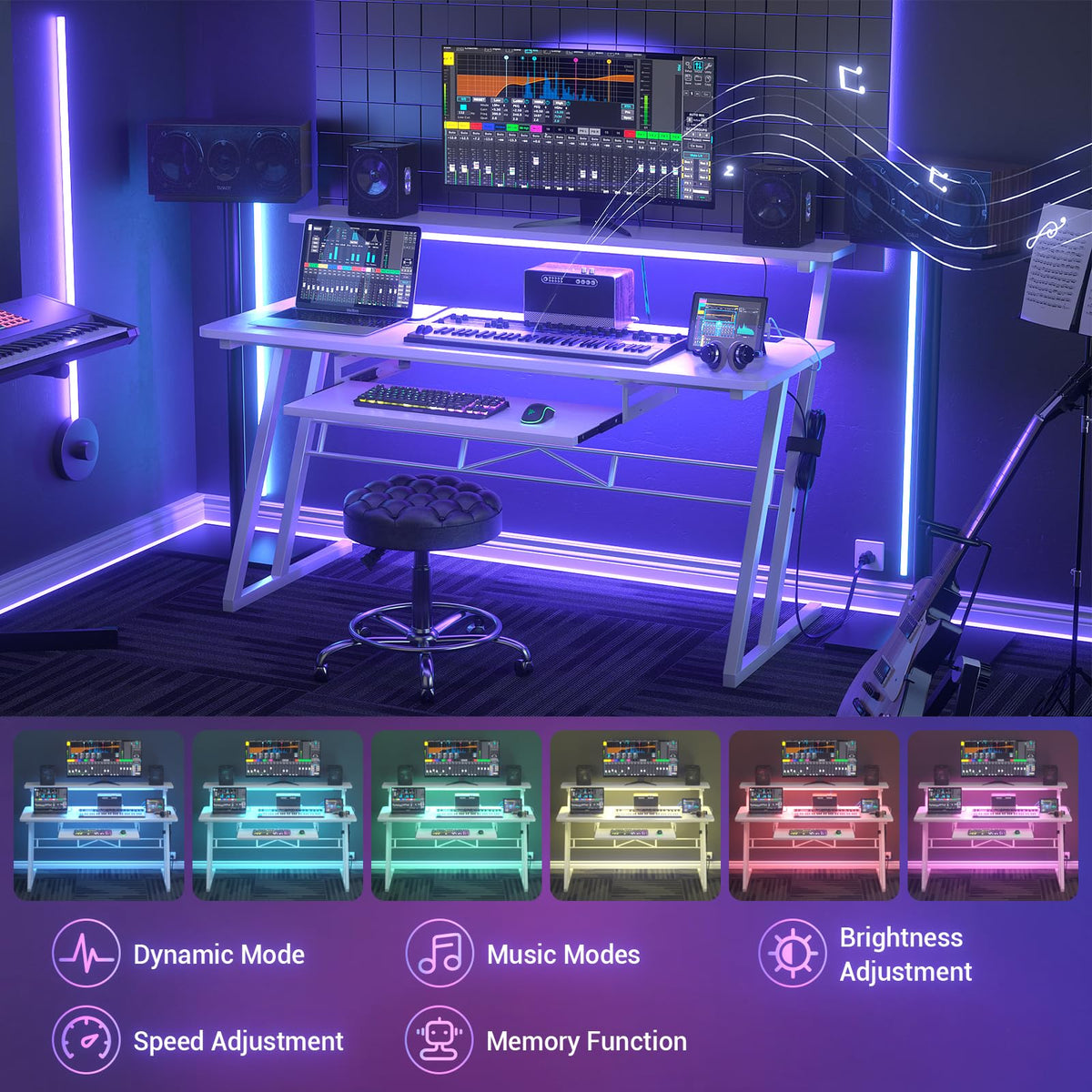 Armocity Music Studio Desk, Music Production Workstation with Power Outlets and RGB LED Lights, Recording Studio Table Desks Music Producer for Home, White
