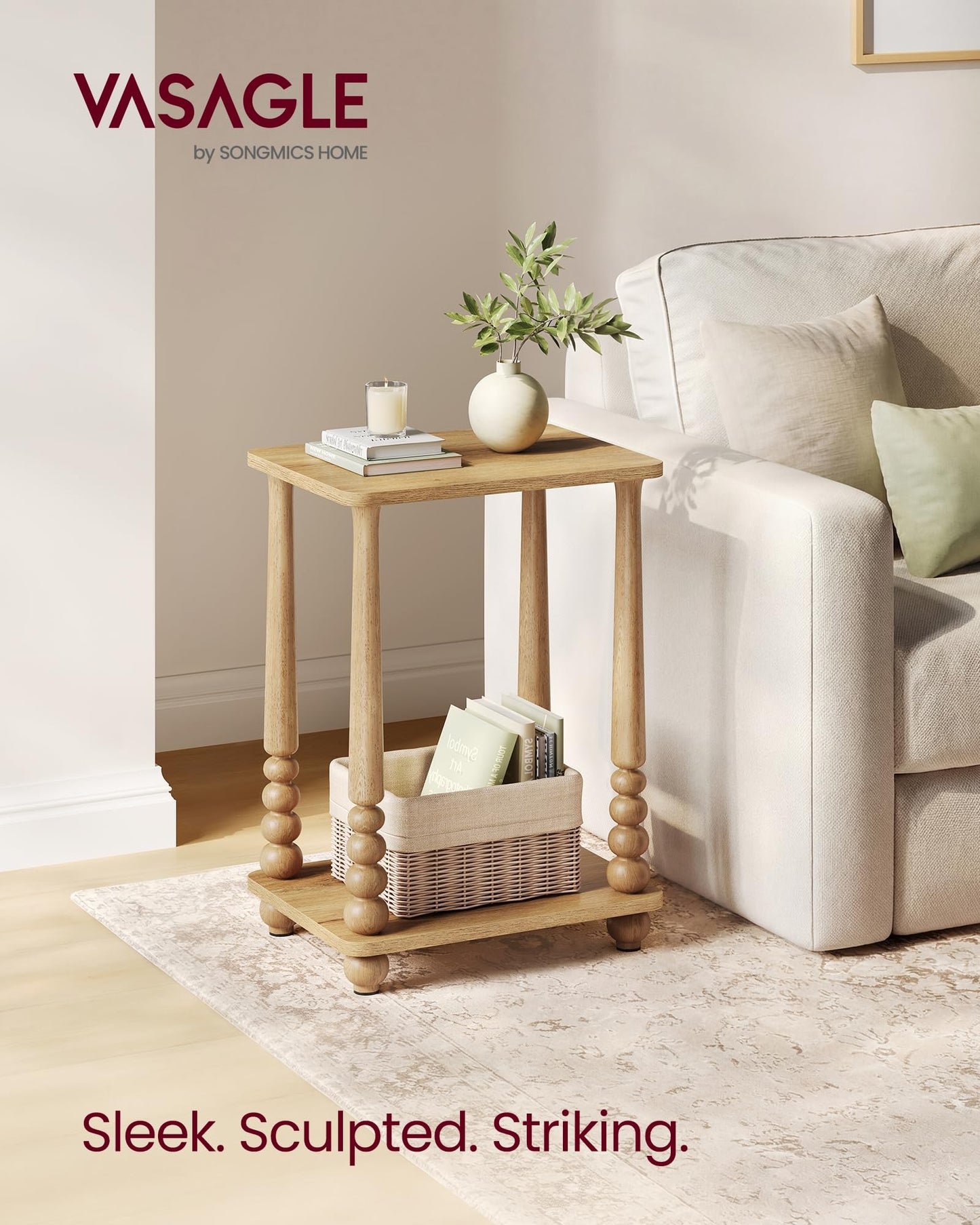 VASAGLE Mariel Collection - Side Table, Accent Nightstand for Small Spaces, Rectangular End Table with Shelf, Solid Wood Legs, Mid-Century Modern, Living Room Bedroom, Natural Brown ULET294HC01S