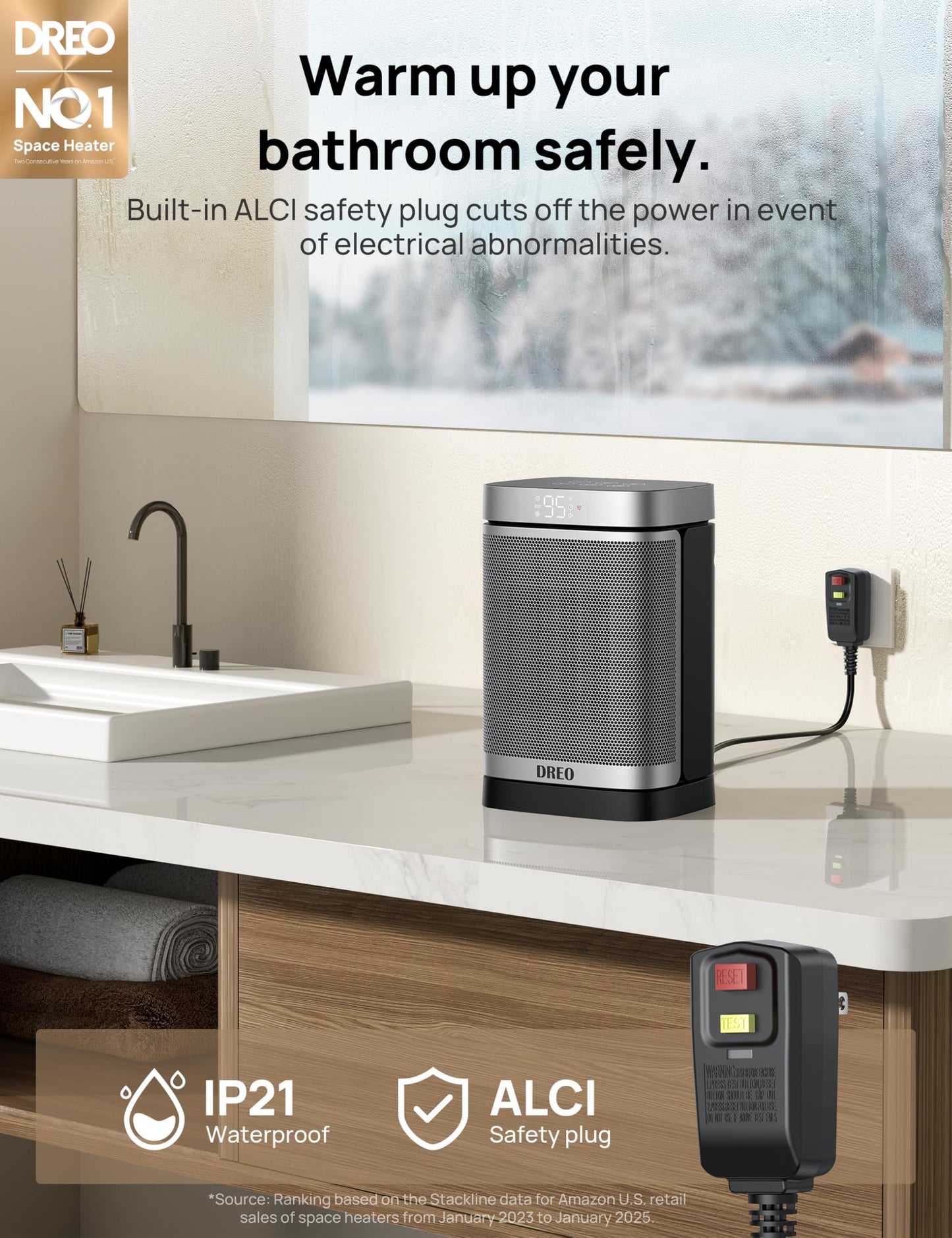 DREO Space Heater for Bathroom and Indoor, Portable Heater, 1500W Safe and Quiet PTC Ceramic Heater, 41-95°F Digital Thermostat, 70°Oscillating, Remote, ALCI Safety Plug, 12h Timer, 5 Modes