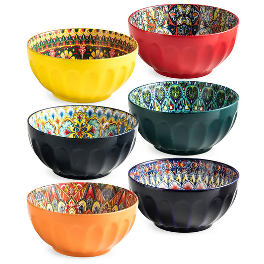 MISSYSSIM Cereal Bowls Set of 6, Bohemian Soup Bowls, 30 oz Colorful Ceramic Serving Bowls for Kitchen, Breakfast, Boho Decorative Bowl, Microwave Oven Safe Bowl for Salad, Pasta, Oatmeal