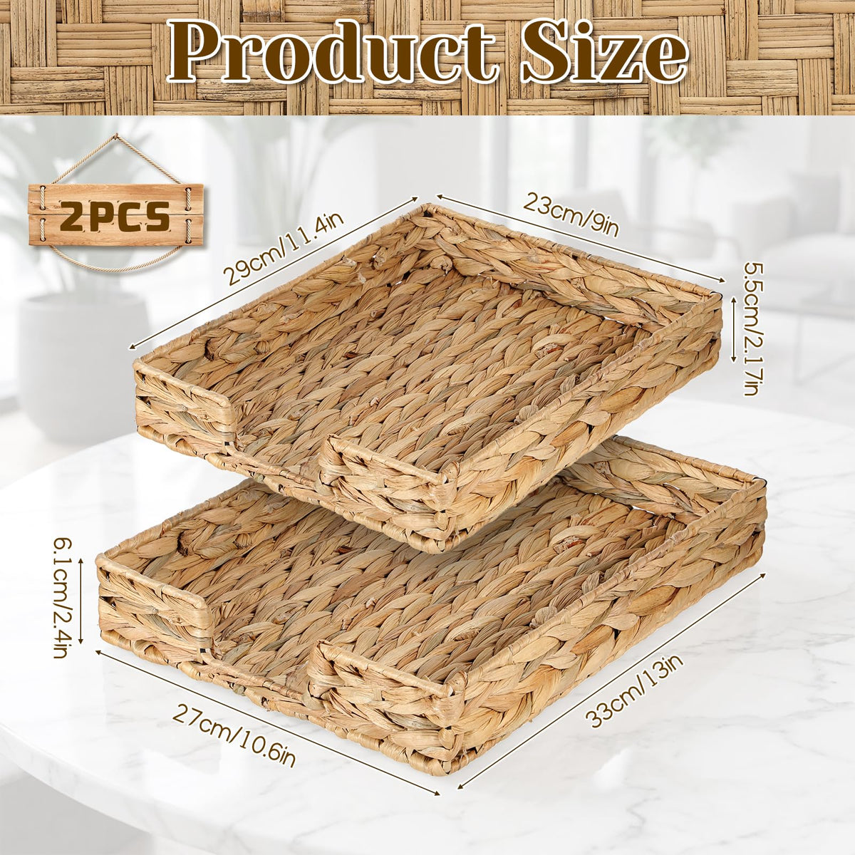 2 Pcs A4 File Tray, Water Hyacinth Desk Basket, Wicker Paper Tray File Baskets, Woven Letter Size Documents Trays, Magazine Files Storage Basket Organizer Bin for Office, Toilet, Desk