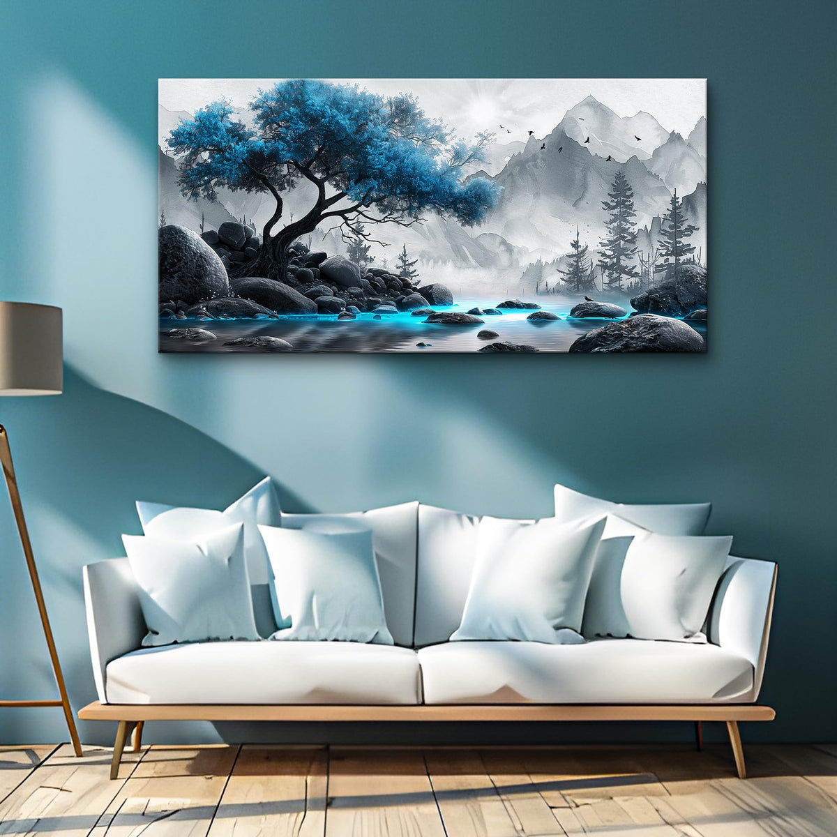 Lapremoly Black And White Wall Painting Canvas Art For Living Room, Office, Bedroom - Blue Tree Landscape Pictures - Hotel Artwork Posters - Family Home Wall Decoration