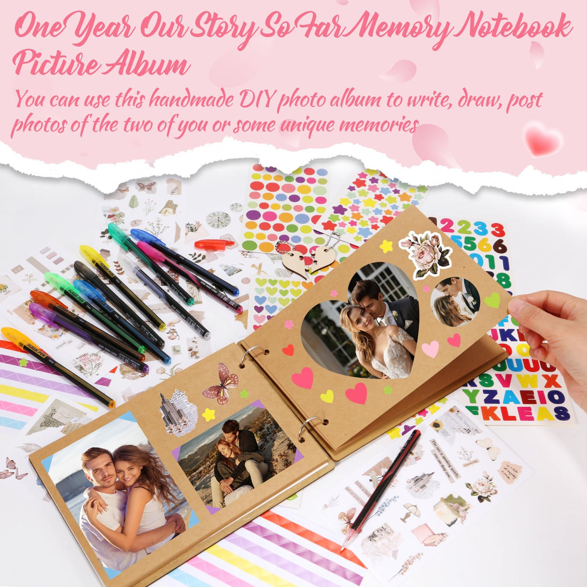 1 Year Our Story So Far Anniversary Scrapbook, Photo Album, DIY Memory Book with 12 Metallic Pens 16 Stickers 2 Puzzle Pieces, Romantic Gift for Boyfriend Girlfriend, 1st Wedding Gift Husband Wife