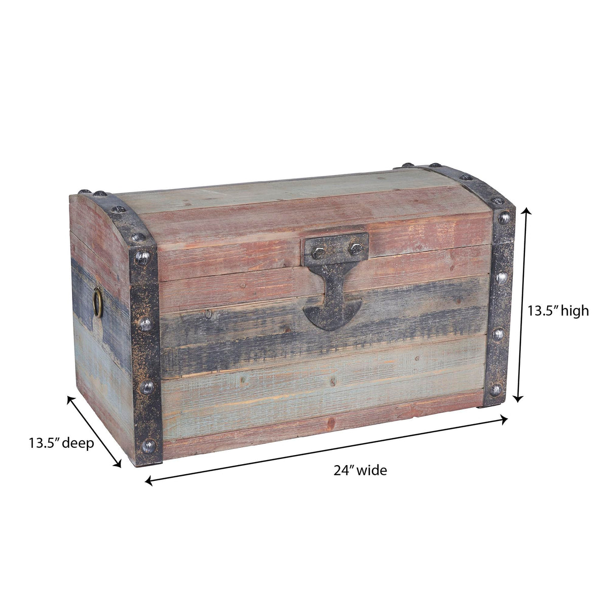 Household Essentials Small Wooden Storage Trunk, Weathered Wood with Paint Finish, Hinged Lid with Metal Accents