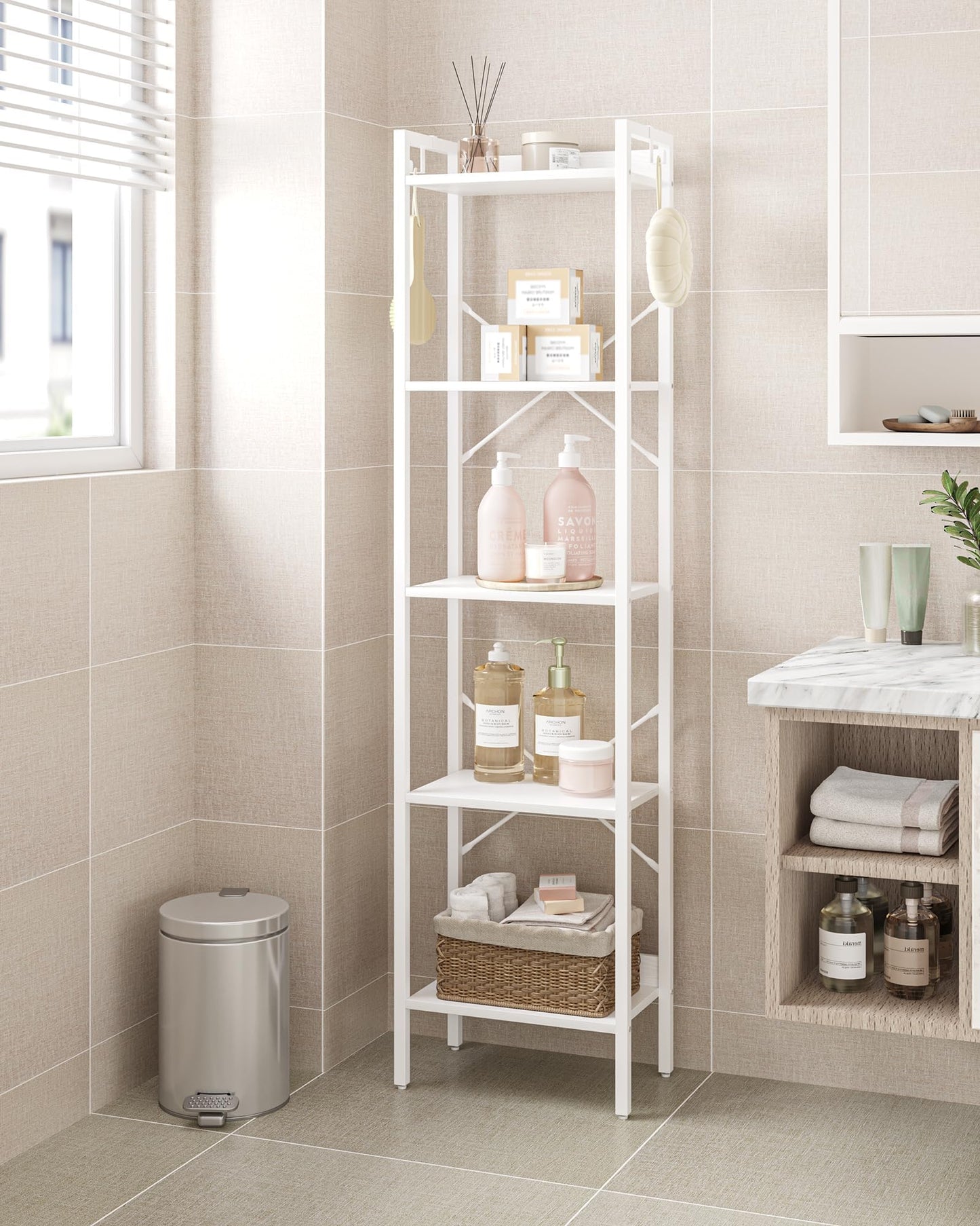 Hzuaneri Bookshelf, Book Shelf, Industrial Bookcase with 2 Hooks, Coner Shelf Storage Organizer for Home Office, Living Room, Bedroom, Kitchen, 5-Tier White BC10513W