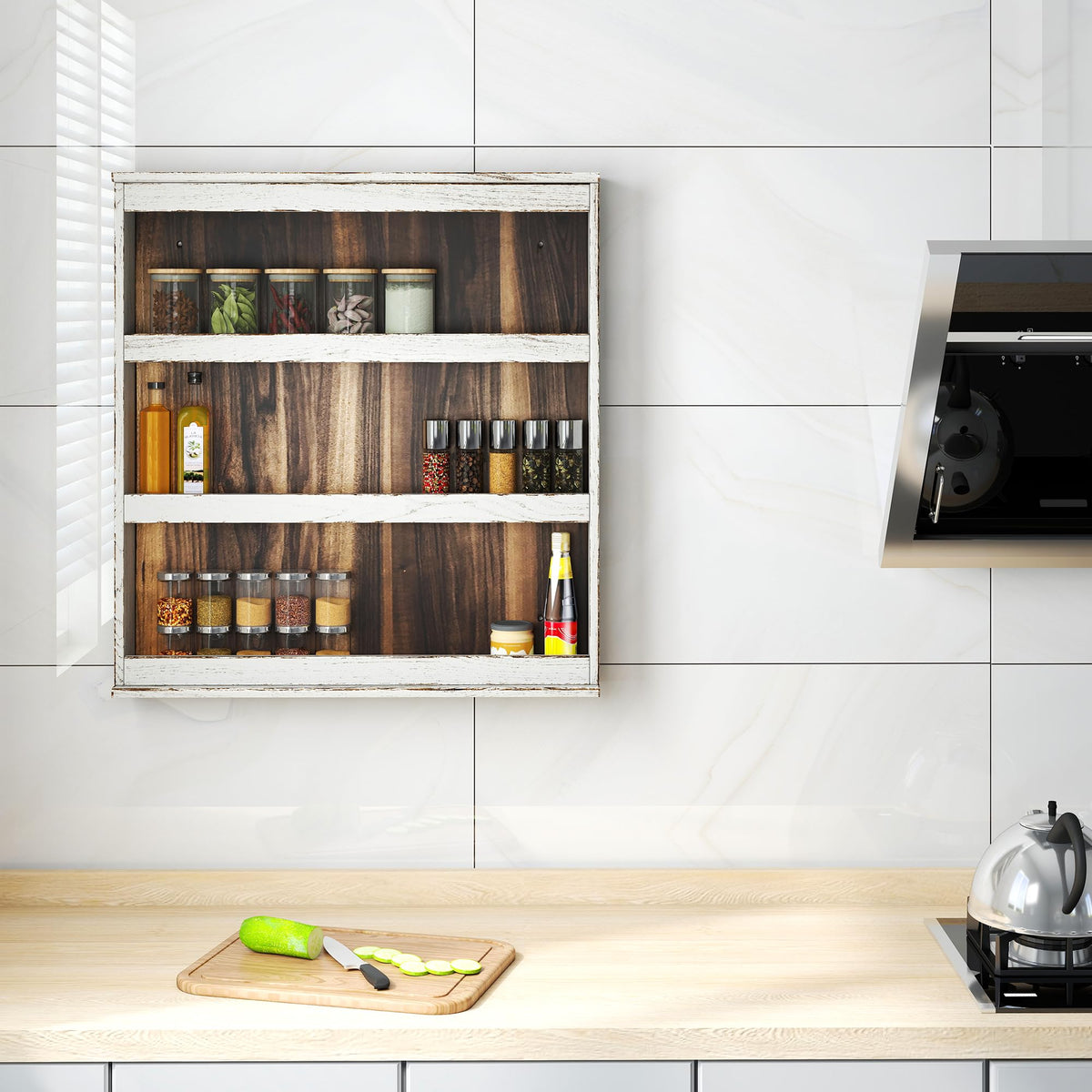 Nisorpa 3 Tier Spice Rack Wall Mount, Rustic Burnt Wood Wall Hanging Spice Rack Kitchen Spice Shelf Organizer for Seasoning Jars or Condiment Bottles, 19.68 x 3.35 x 21.25 Inches