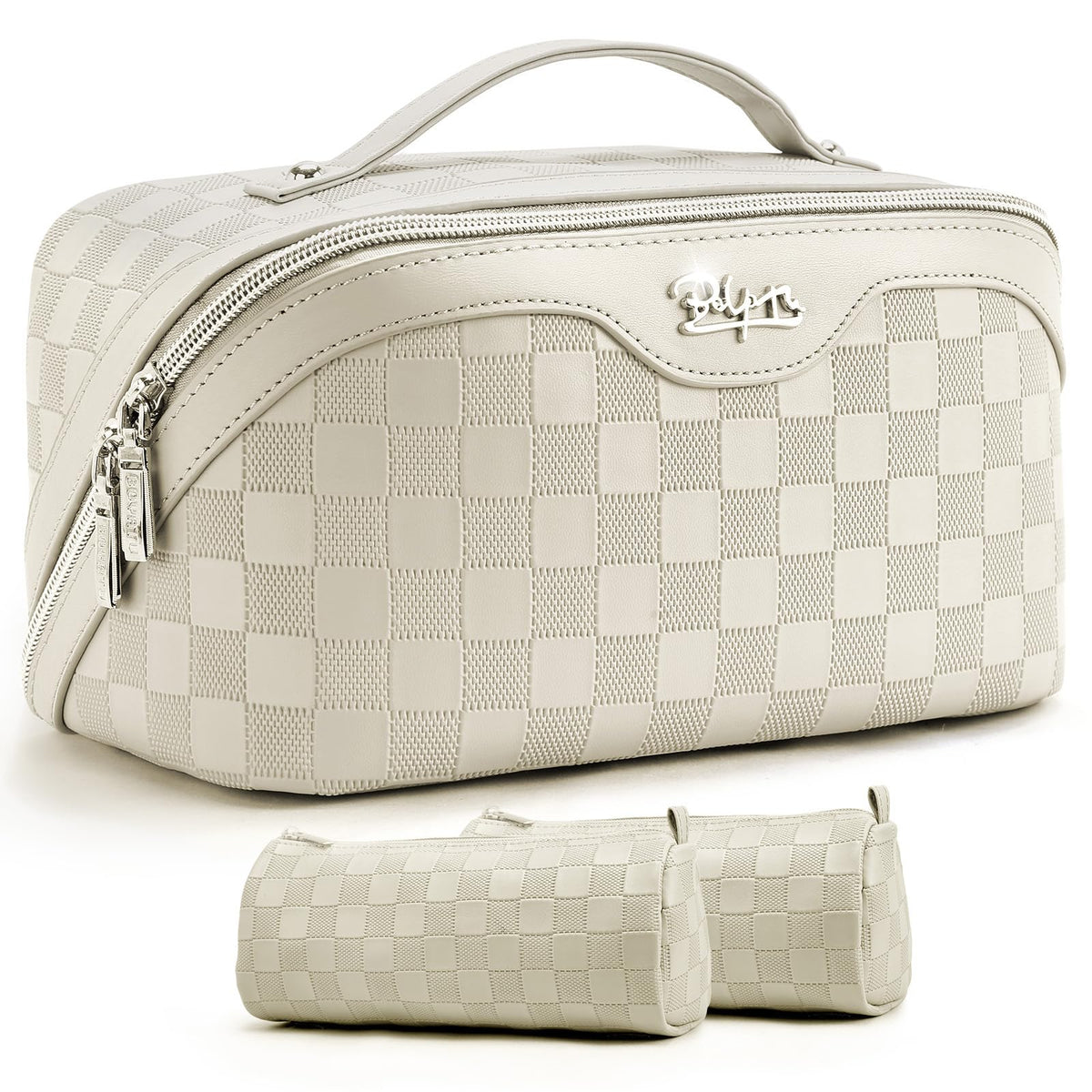 BOYATU Travel Makeup Bag Organizer: 3 Pcs Set Large Capacity Cosmetic Bags Holds 10–20 100ml Full-Size Bottles - 180°Open-Flat Make up Case 3-sec touch-up - Toiletry Bag Gift women (01-D-Beige)