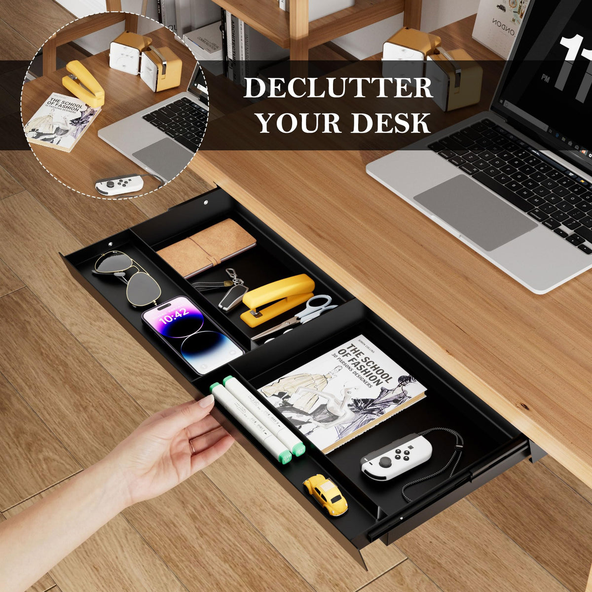 Gaxomo Under Desk Drawer 28.3" Wide, 60° Ergonomic Tilt Organizer with Multi-Compartment – Ball Bearing Slides, Fully Assembled, Under Desk Storage for Home Office Supplies