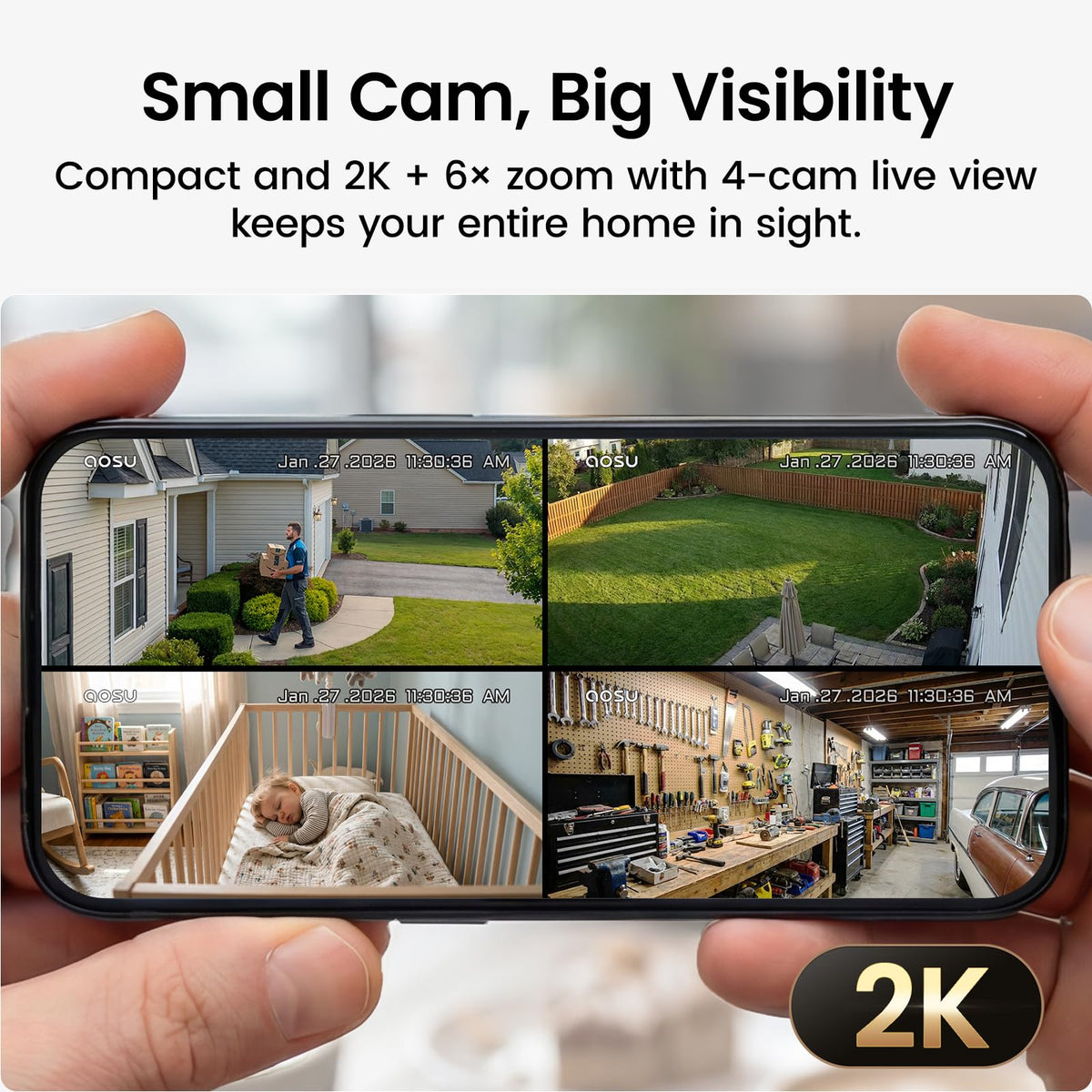 aosu Outdoor Security Cameras Wireless Home Surveillance System with aosuBase, Battery Powered, Cross-Camera Tracking, True 2K HD Color Night Vision, Spotlight, Motion Alert, Easy Setup, 6-Cam-Kit
