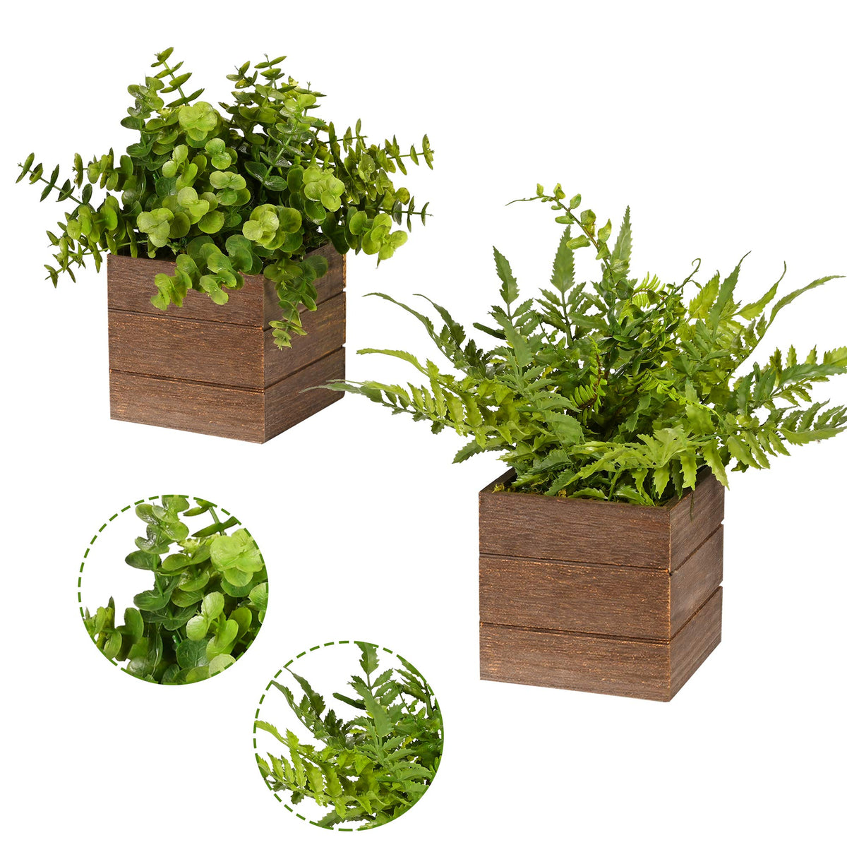 Vlorart Small Fake Plants, 2Pack Mini Potted Artificial Plastic Boxwood Fern Green Decorative Plant in Wooden Potted, Fake Desk Plant for Farmhouse Home Decor Office Bathroom Desk Room Indoor Outdoor