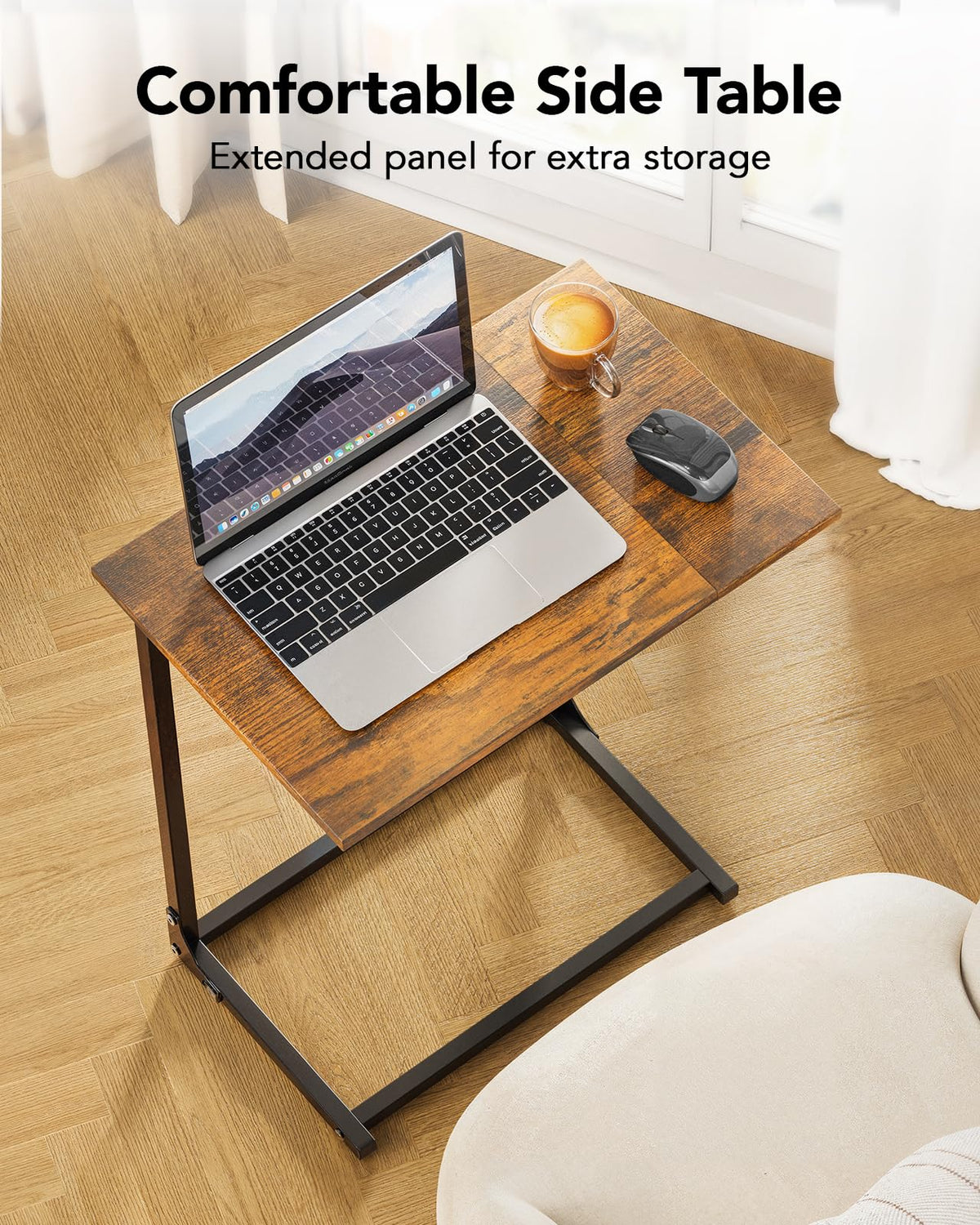 Pipishell C-Shaped Side Table, C Table for Sofa with Two-Piece Desktop & Metal Frame, Large Surface End Table for Living Room, Bedroom, Bedside, Rustic Design
