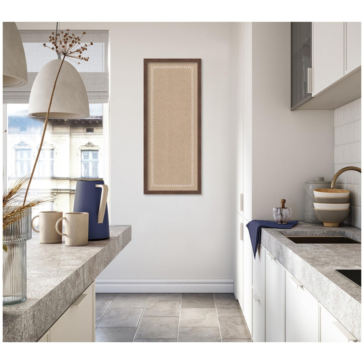 Kate and Laurel Framed Fabric Pinboard 18 x 42, White Scalloped Edge Printed Linen Classic Bulletin Board for Use as a Vision Board or Wall Organization, Florence Medium Brown Frame