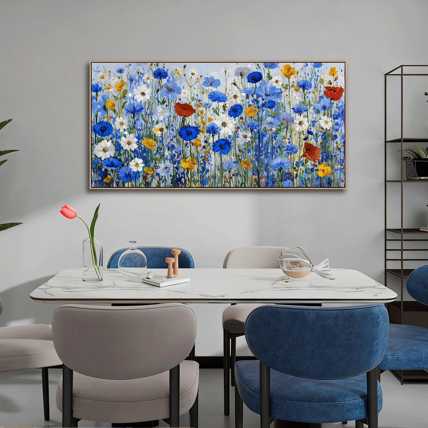 KZKU Blue Floral Wall Art Wildflower Canvas Print Frame Ready to Hang Vibrant Flowers Artwork Botanical for Living Room Bedroom Office Hallway & Bathroom Decor 20x40inch