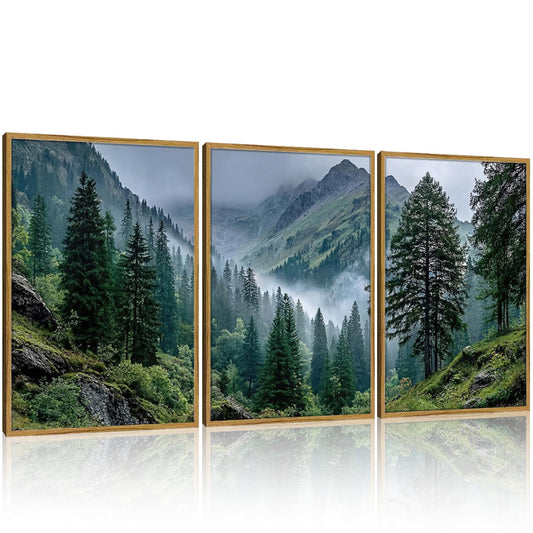 Framed Mountain Landscape Wall Art Set of 3 Misty Forest Watercolor Nature Poster Artwork Large Mountain and Pine Tree Paintings Prints for Living Room Hallway Office Kitchen Wall Decor 12x16 Inchse