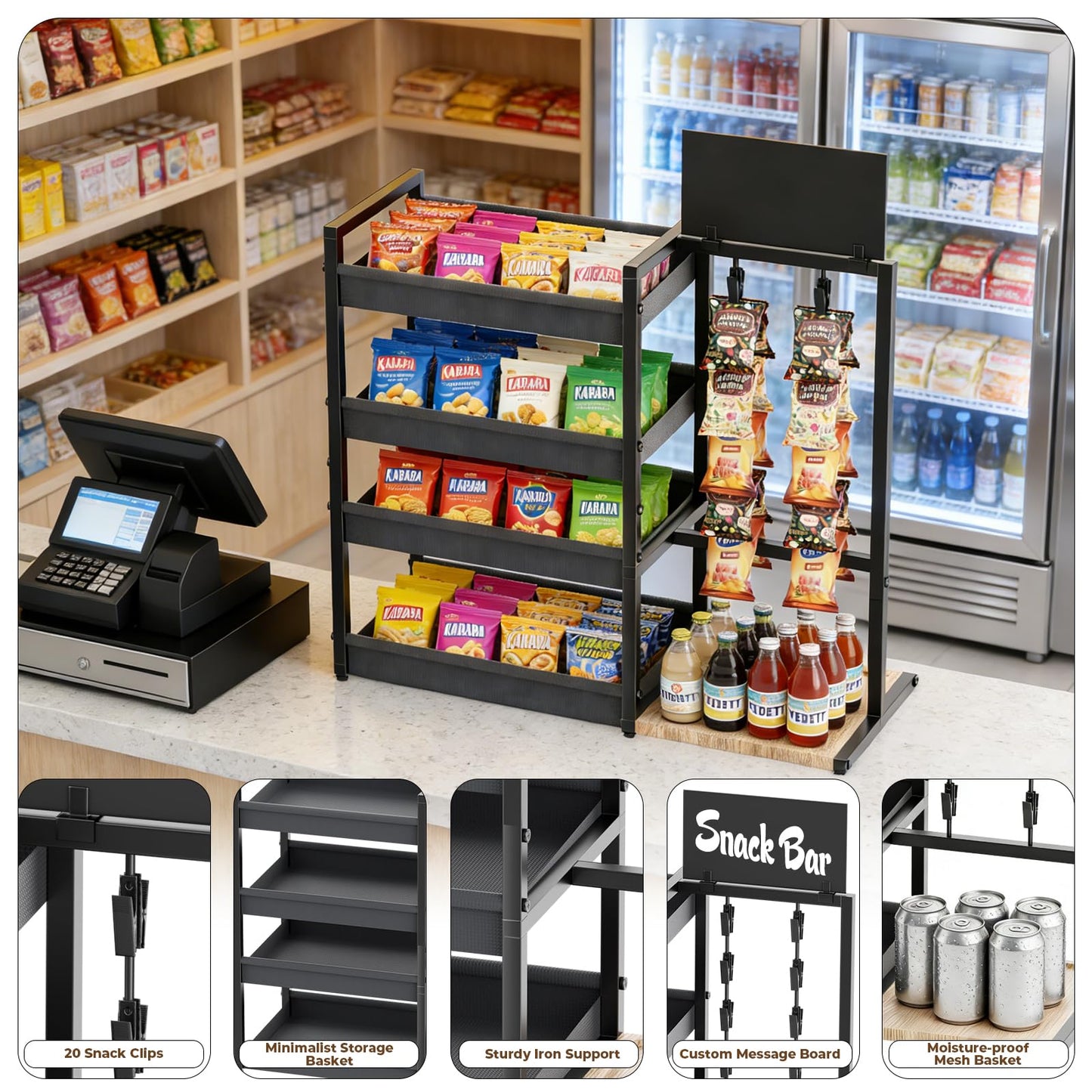 DEMEGA 4-Tier Snack Organizer with 20 Clips, Large Capacity Snack Rack with Message Board, Modern Industrial Snack Cart for Kitchen Office Store Party Countertop, Matte Black Metal & Oxford Fabric Snack Storage