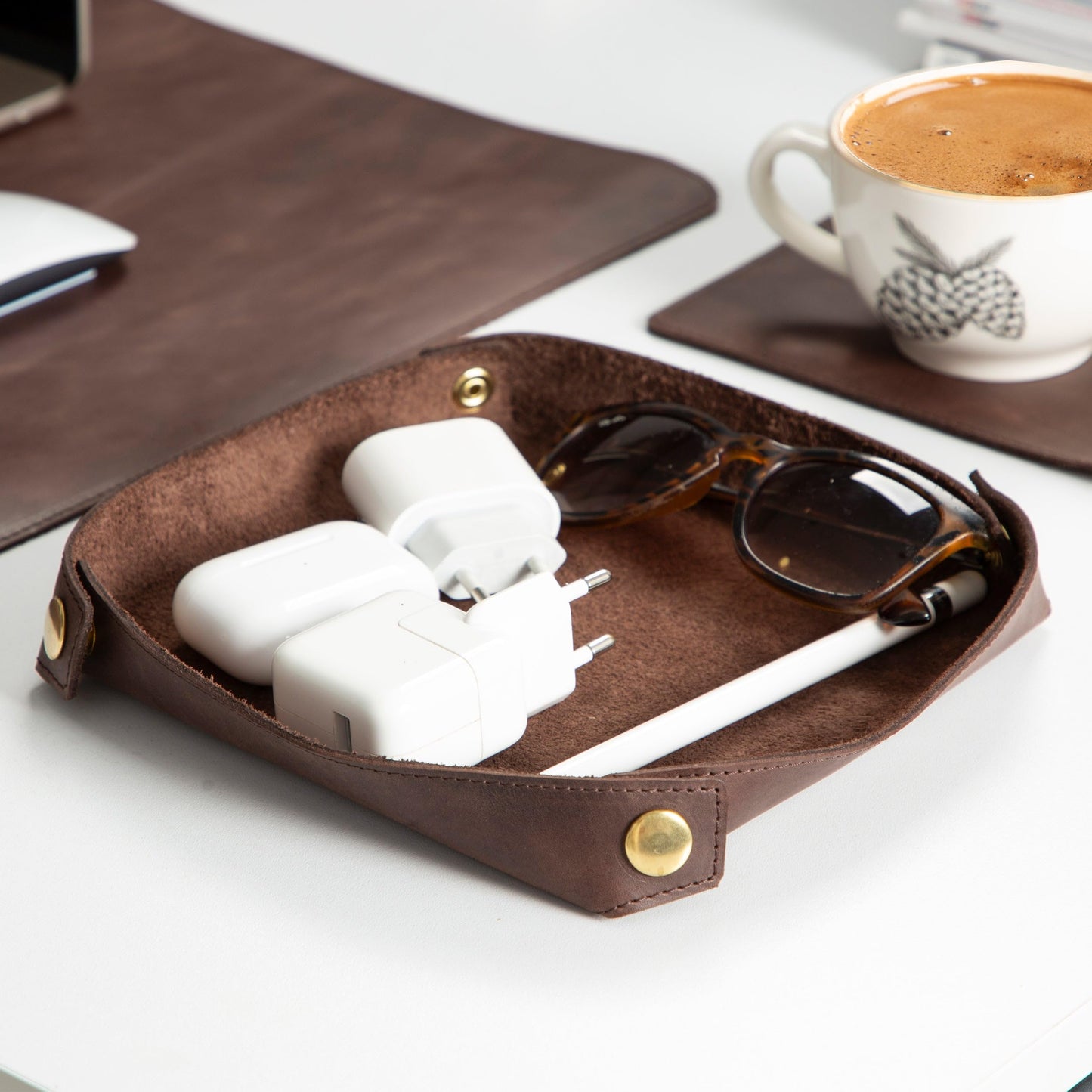 Node Leather - Genuine Leather Desk Mat (32" x 16"), Desk Organizer & Cup Coaster - Leather Office Set - Premium Handmade Office Accessories for Elegant Workspace - Dark Brown