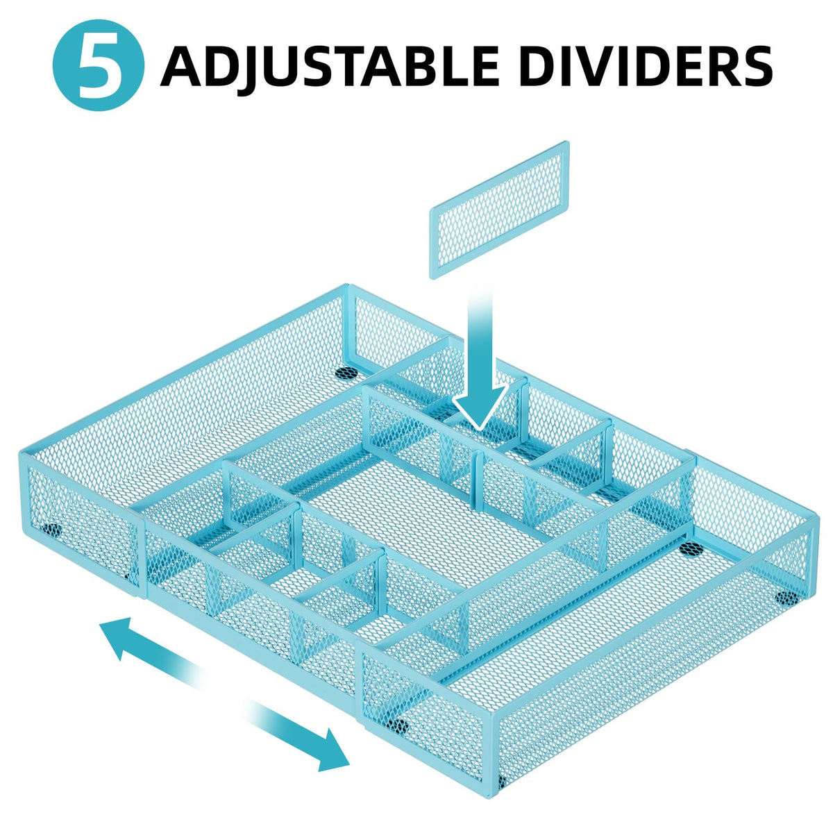 Marbrasse Expandable Desk Drawer Organizer, Mesh Drawer Organizer Tray with 10 Adjustable Compartments, Desk Organizers and Accessories for Office Supplies, Makeup & Vanity (Expandable-Blue)