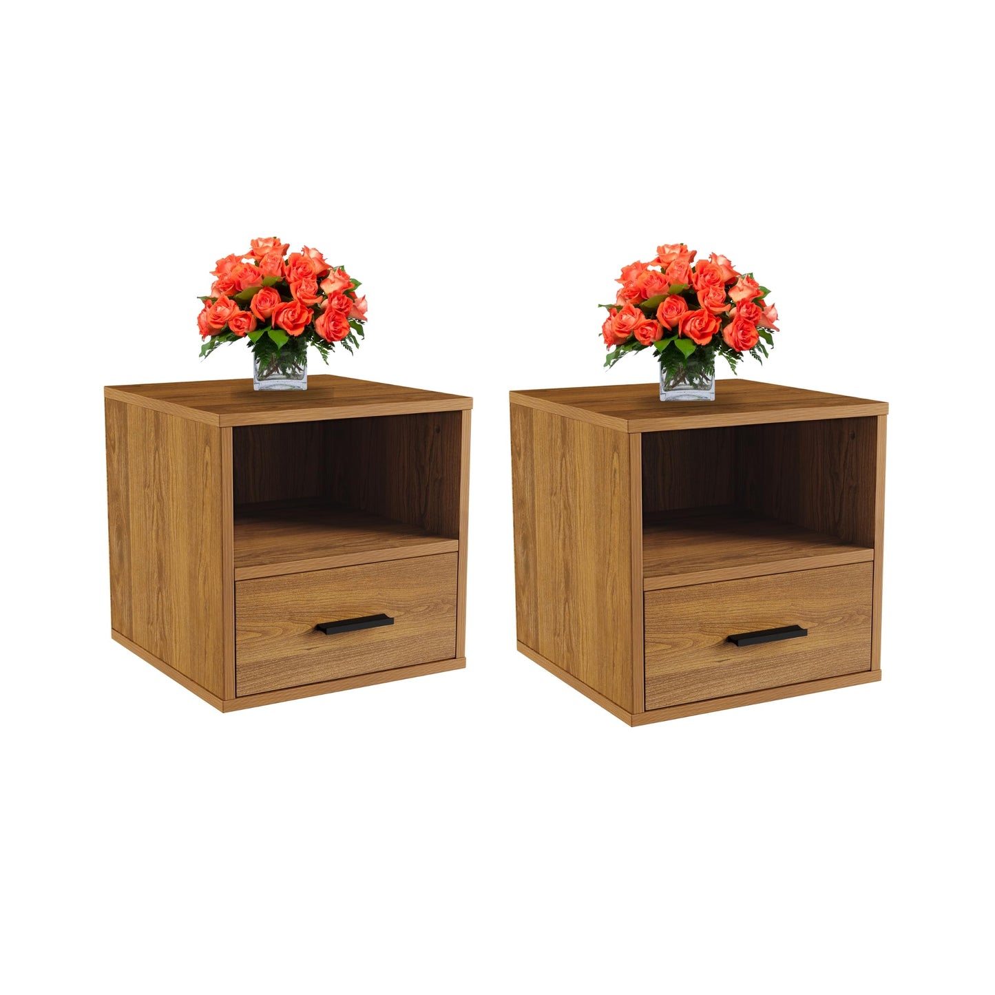 Lavish Home Side Table with Storage - Set of 2 Minimalist Modern Nightstand or End Table with Drawer - Stackable Modular Accent Furniture for Bedroom, Living Room, or Office (Brown Woodgrain)