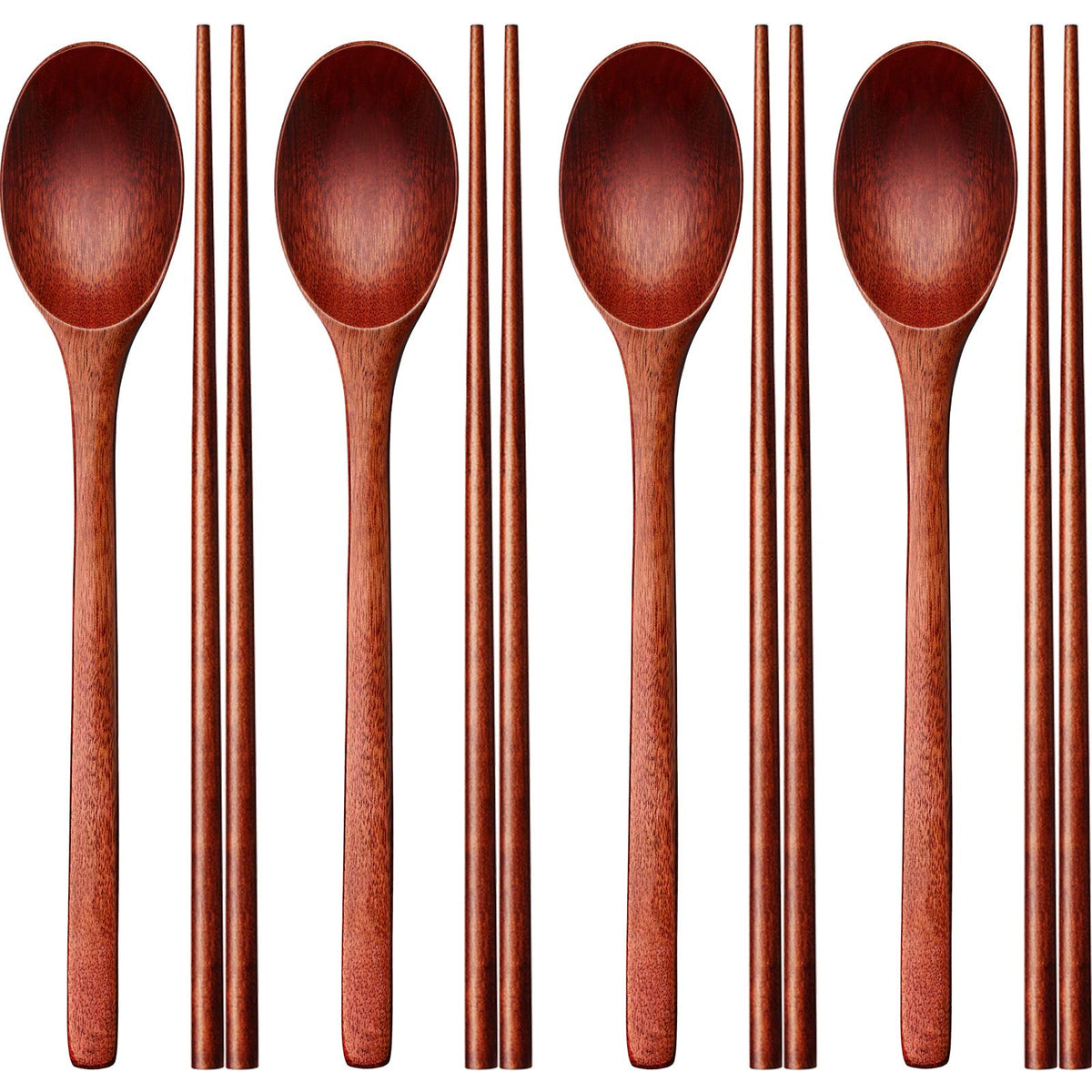 Wooden Spoon and Chopsticks Set Long Handle Spoon Chopstick Flatware Reusable Tableware Combination Utensils for Eating Food, 9.3 Inch (8)
