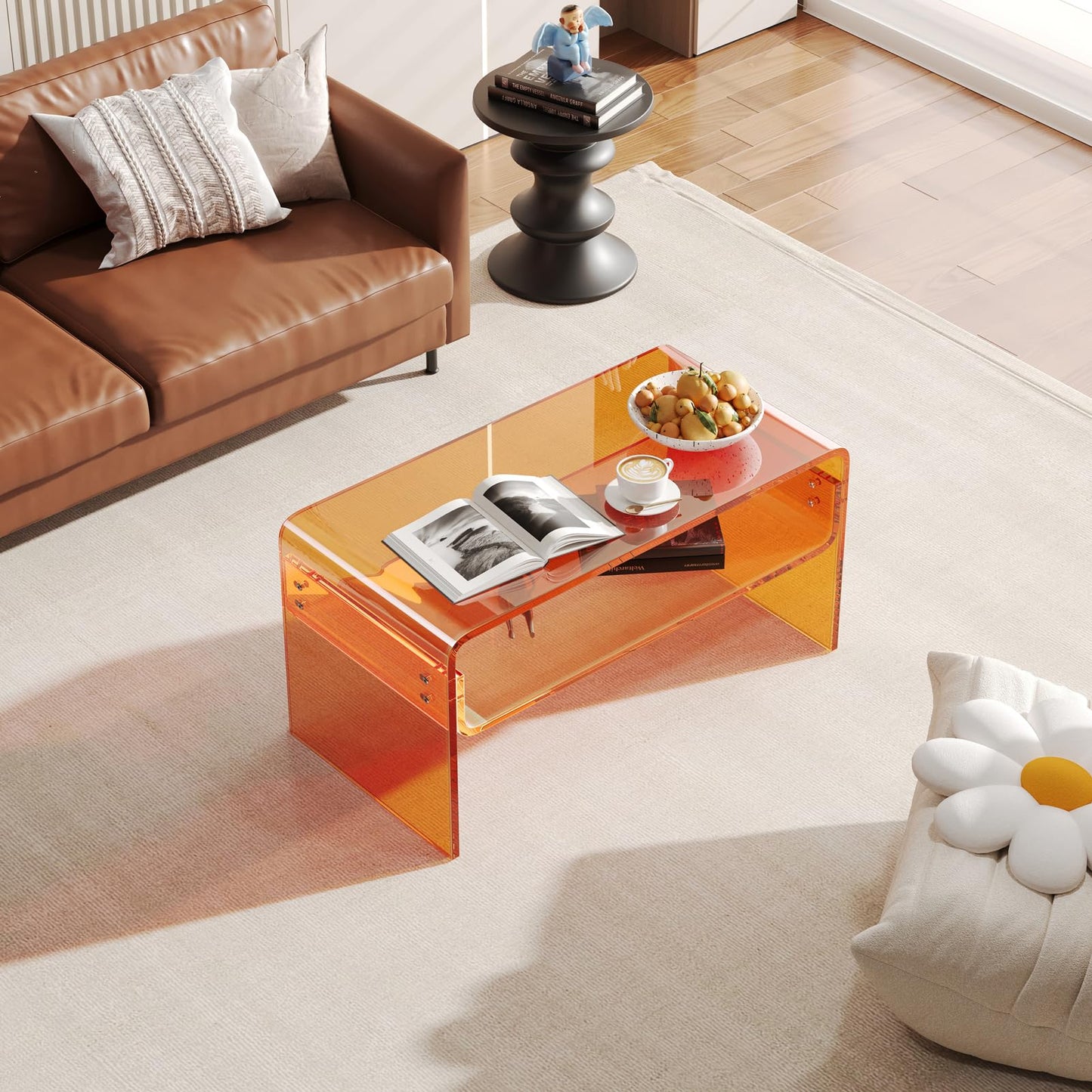 XOHYW Acrylic Coffee Table, Orange Rectangle Side Table Furniture, Modern Tea Table with Open Storage for Living Room, Office Reception and Bedroom