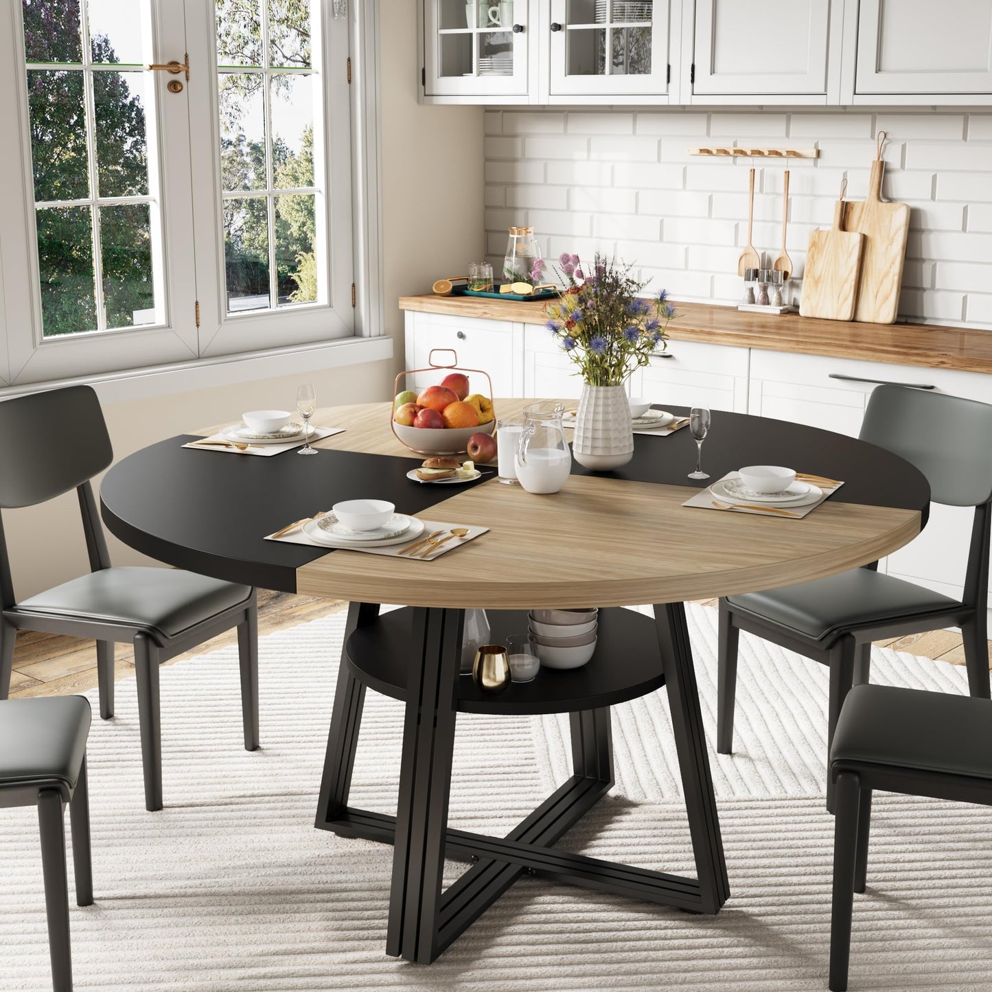 47.2" Farmhouse Round Dining Table for 4-6, Modern Kitchen Table with Storage Shelf, Space-Saving Circle for Apartment & Living Room, Natural