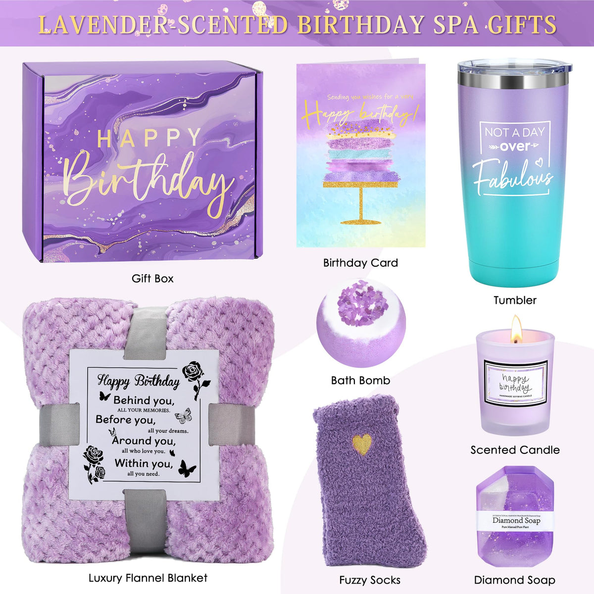 Birthday Gifts for Women Happy Birthday Purple Gift Baskets for Woman Unique Gift Sets for Women Gifts Box for Woman Friendship Mom Sister Best Friend Female Her