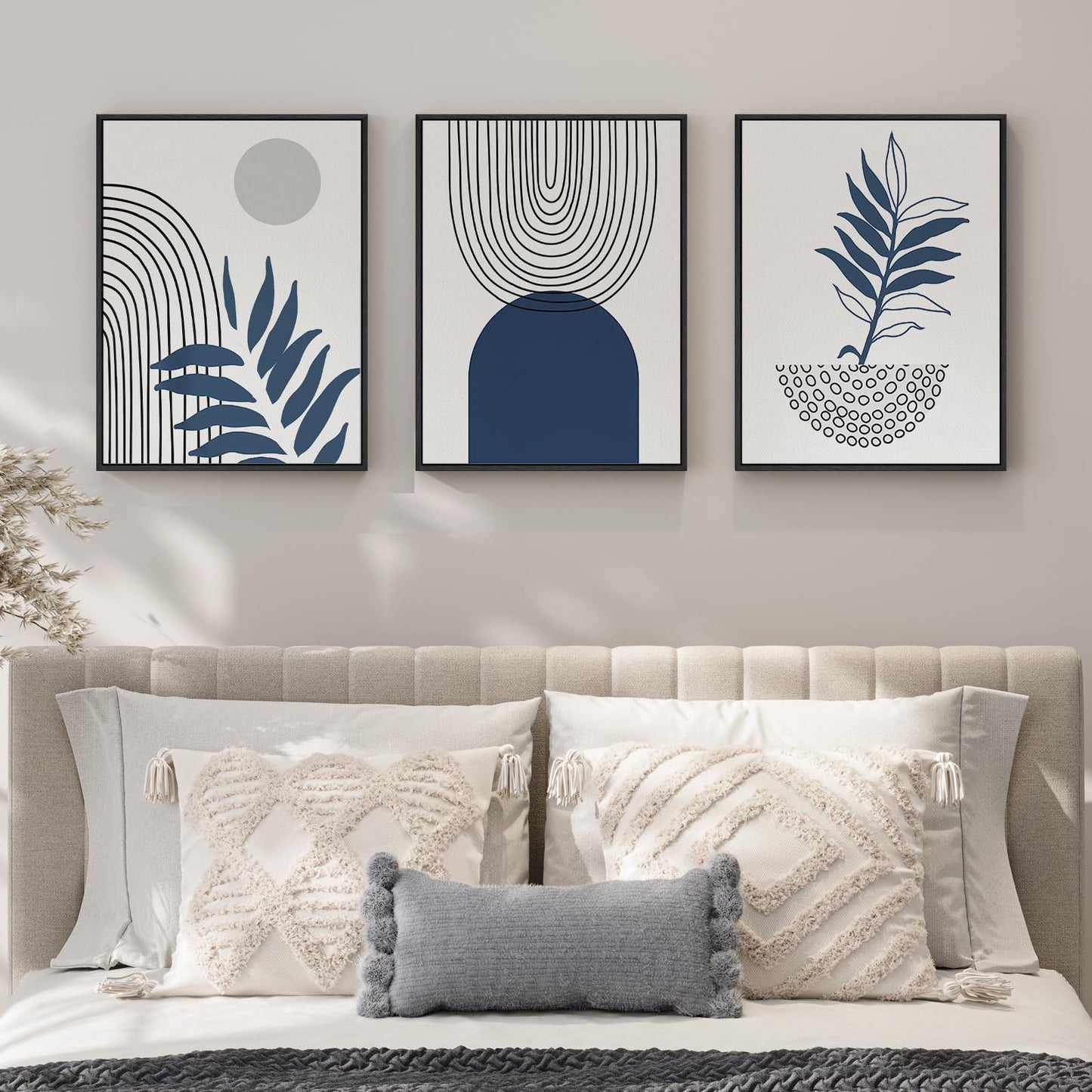 Framed Blue Boho Wall Art for Room Decor, 3 Piece Botanical Line Artwork for Walls, Mid Century Modern Blue Canvas Pictures Prints for Living Room Bedroom Hallway Office Apartment Wall Decor, 12x16 In
