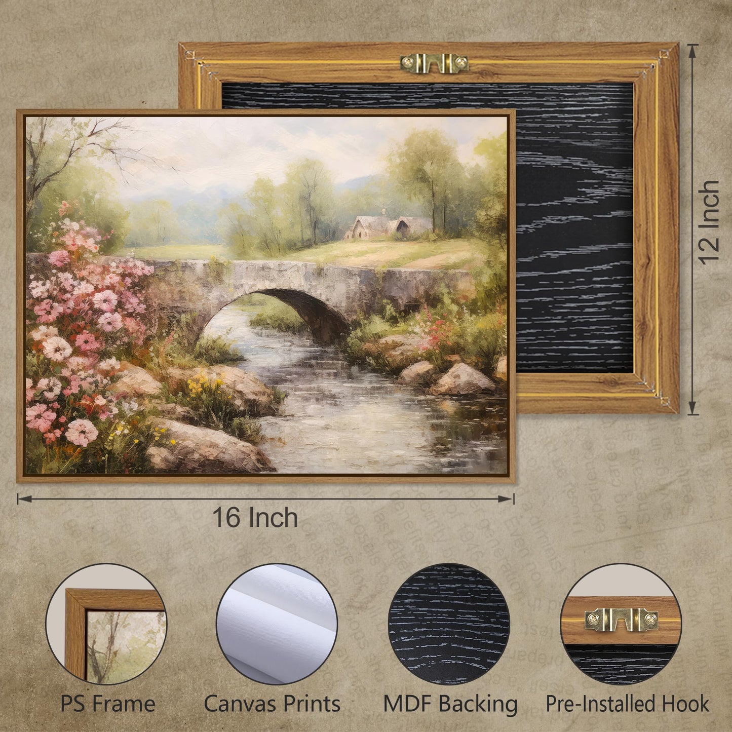 Gardenia Art Framed Country Landscape Wall Art Prints Mountain Bridge River with Blooming Flowers Wall Pictures Spring Scene Canvas Painting Nature View Artwork for Farmhouse Bedroom Home Office Decor